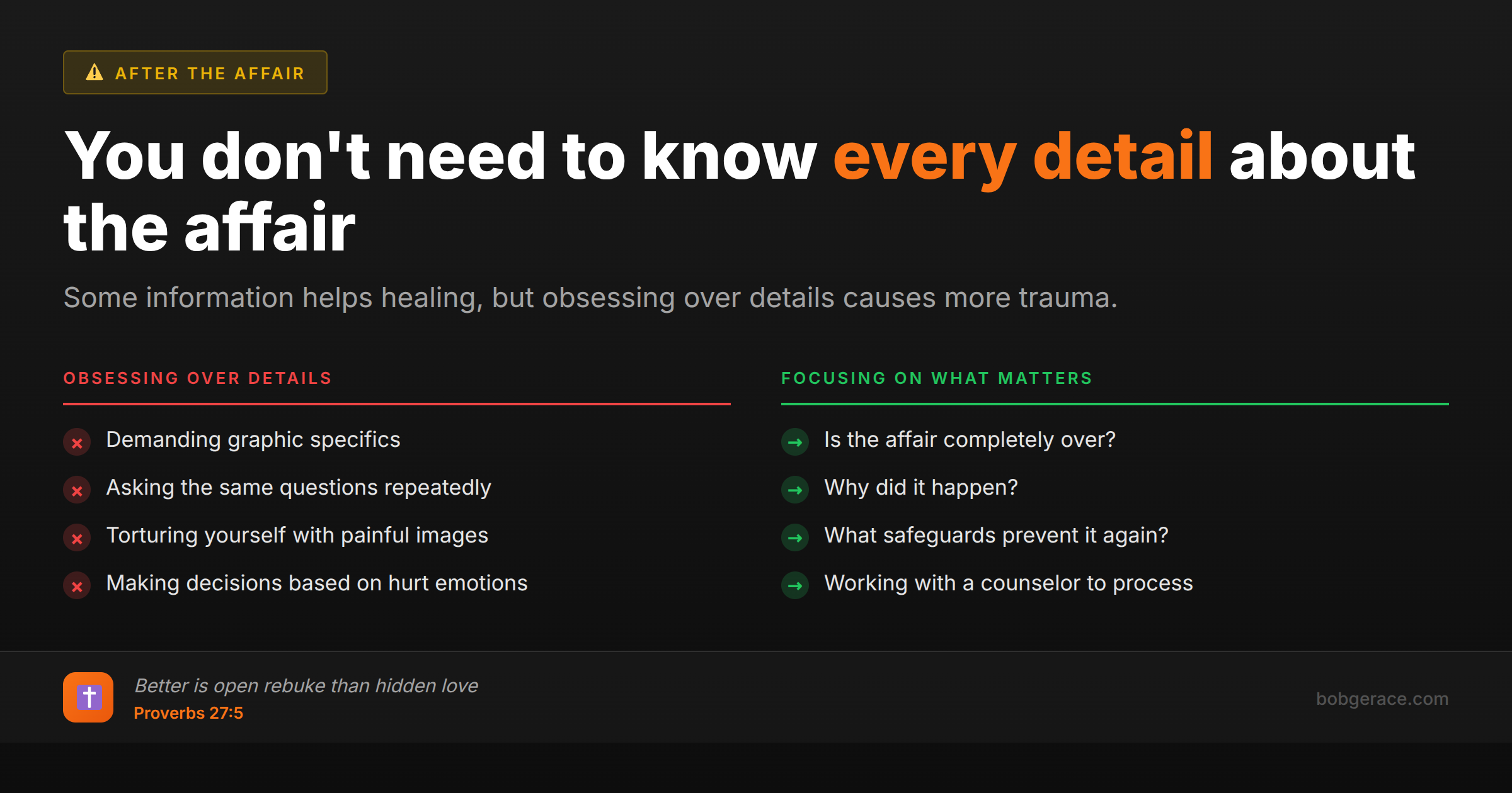 Marriage coaching advice comparing unhealthy obsessing over affair details versus focusing on healing and recovery essentials