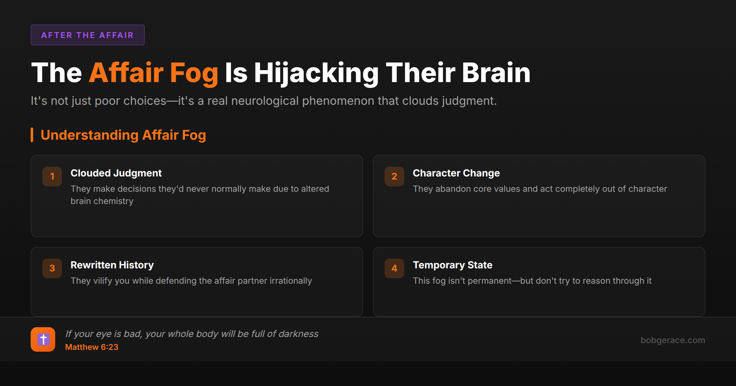 Marriage coaching infographic explaining affair fog as a real psychological state that affects decision-making and judgment during infidelity