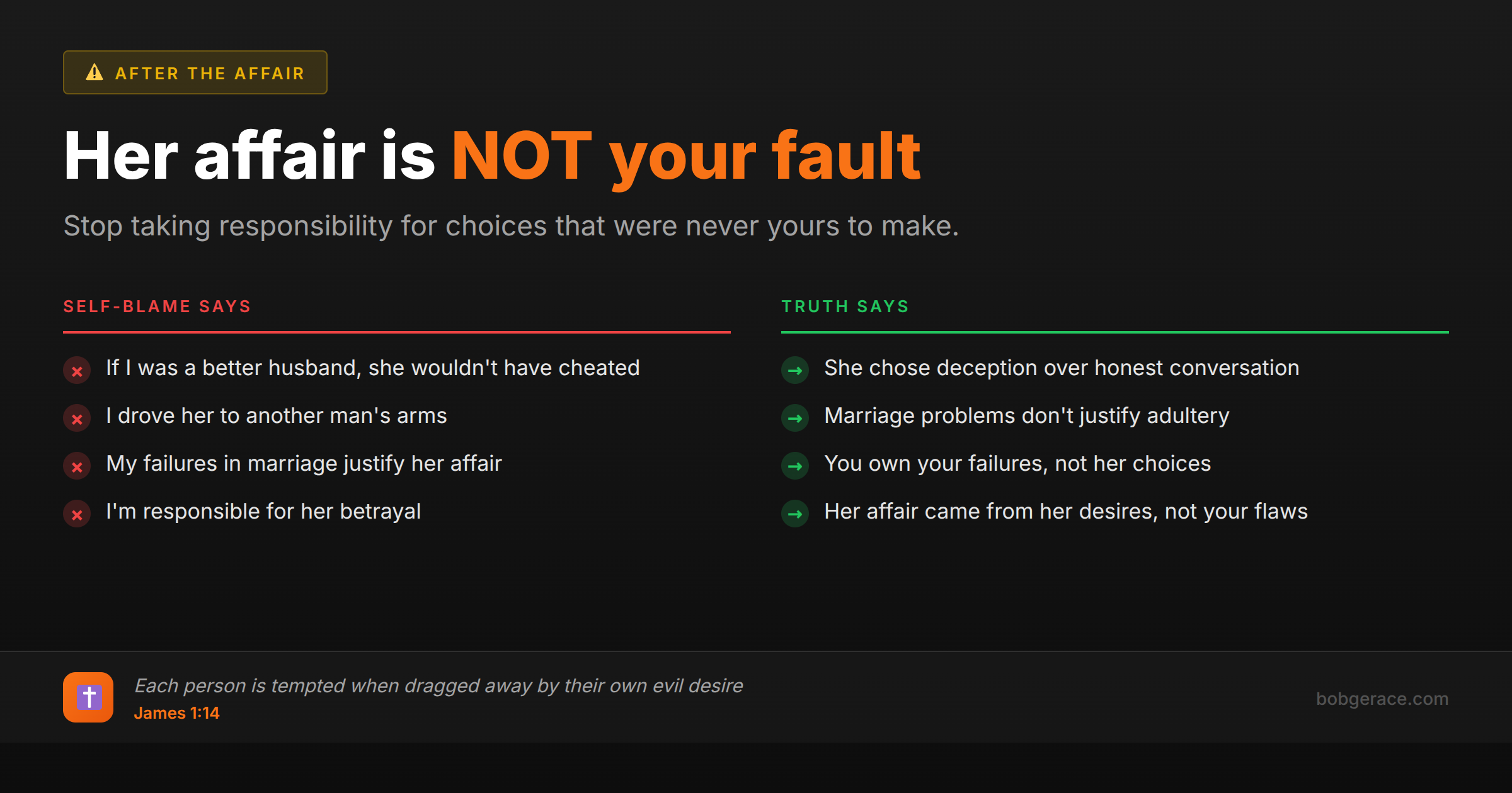 Marriage coaching advice comparing self-blame vs truth about affairs - her affair is not your fault