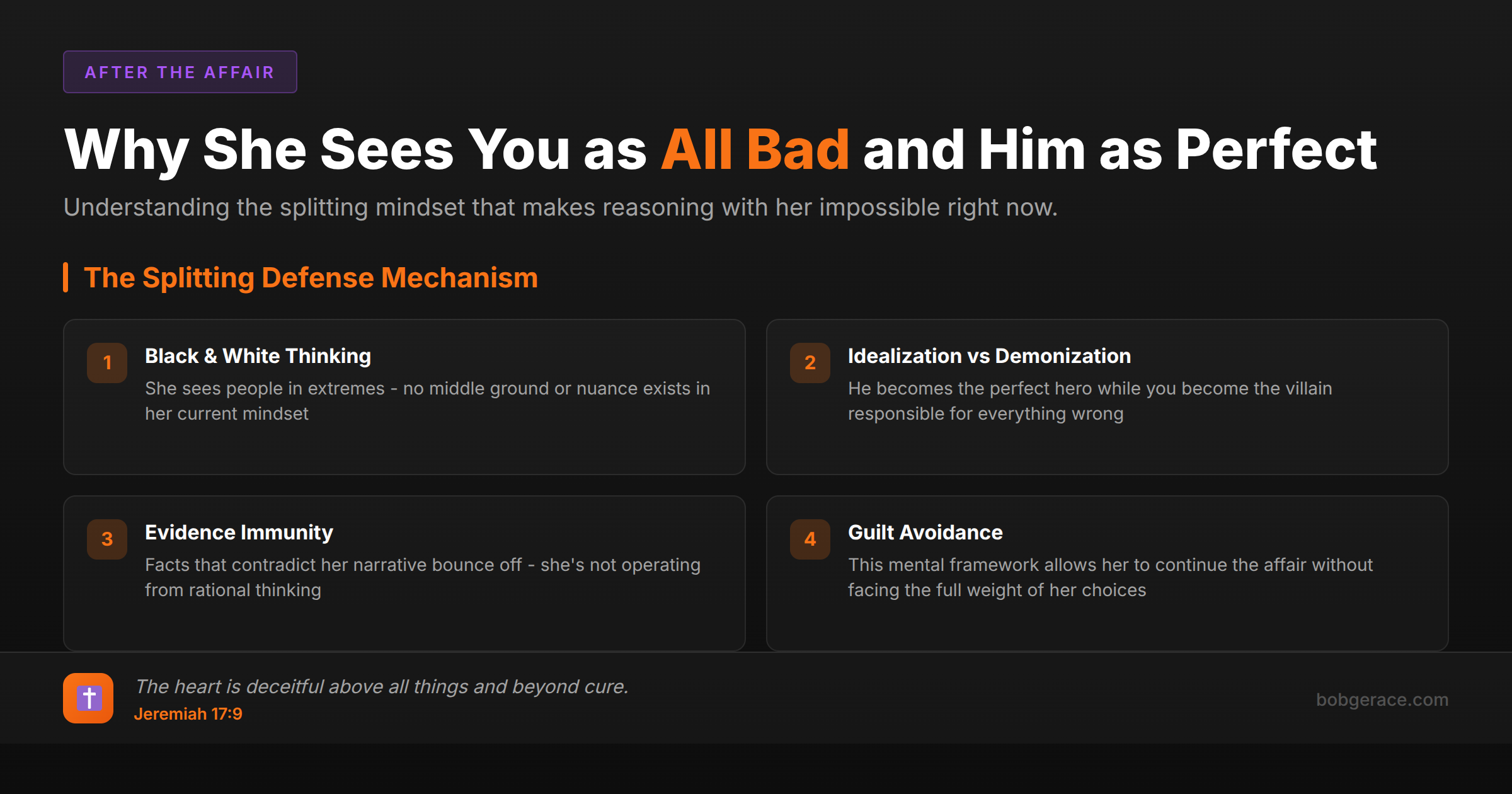 Marriage coaching infographic explaining psychological splitting during affairs - why unfaithful wives see husbands as all bad and affair partners as perfect