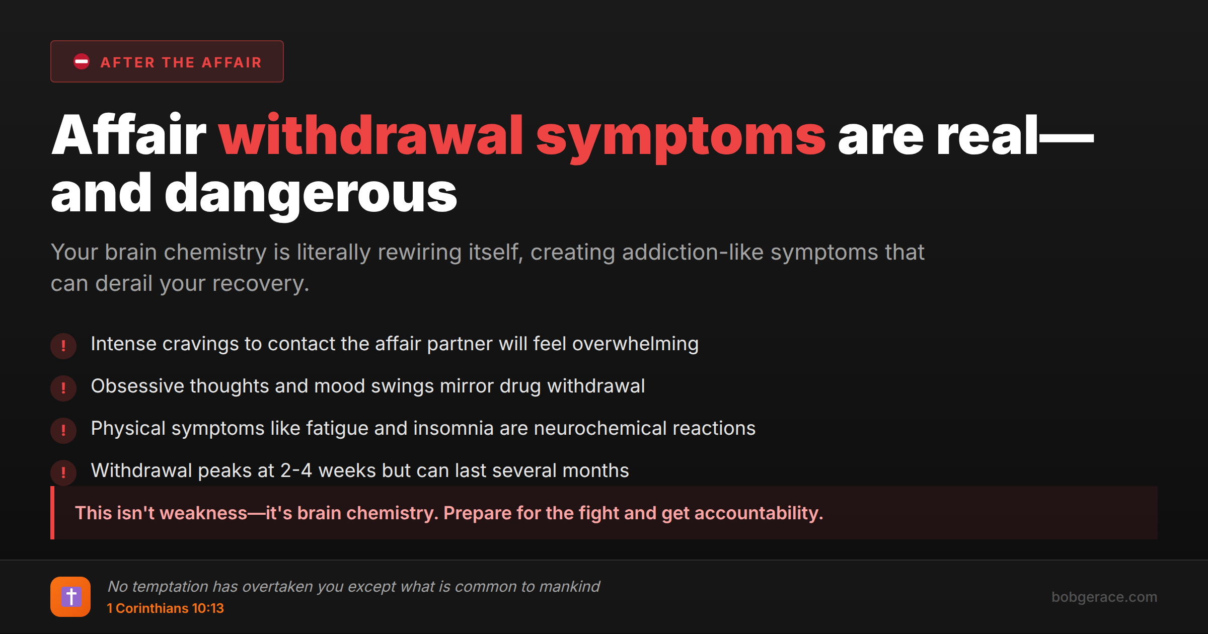 Warning signs about affair withdrawal symptoms including cravings, mood swings, and physical symptoms with biblical encouragement
