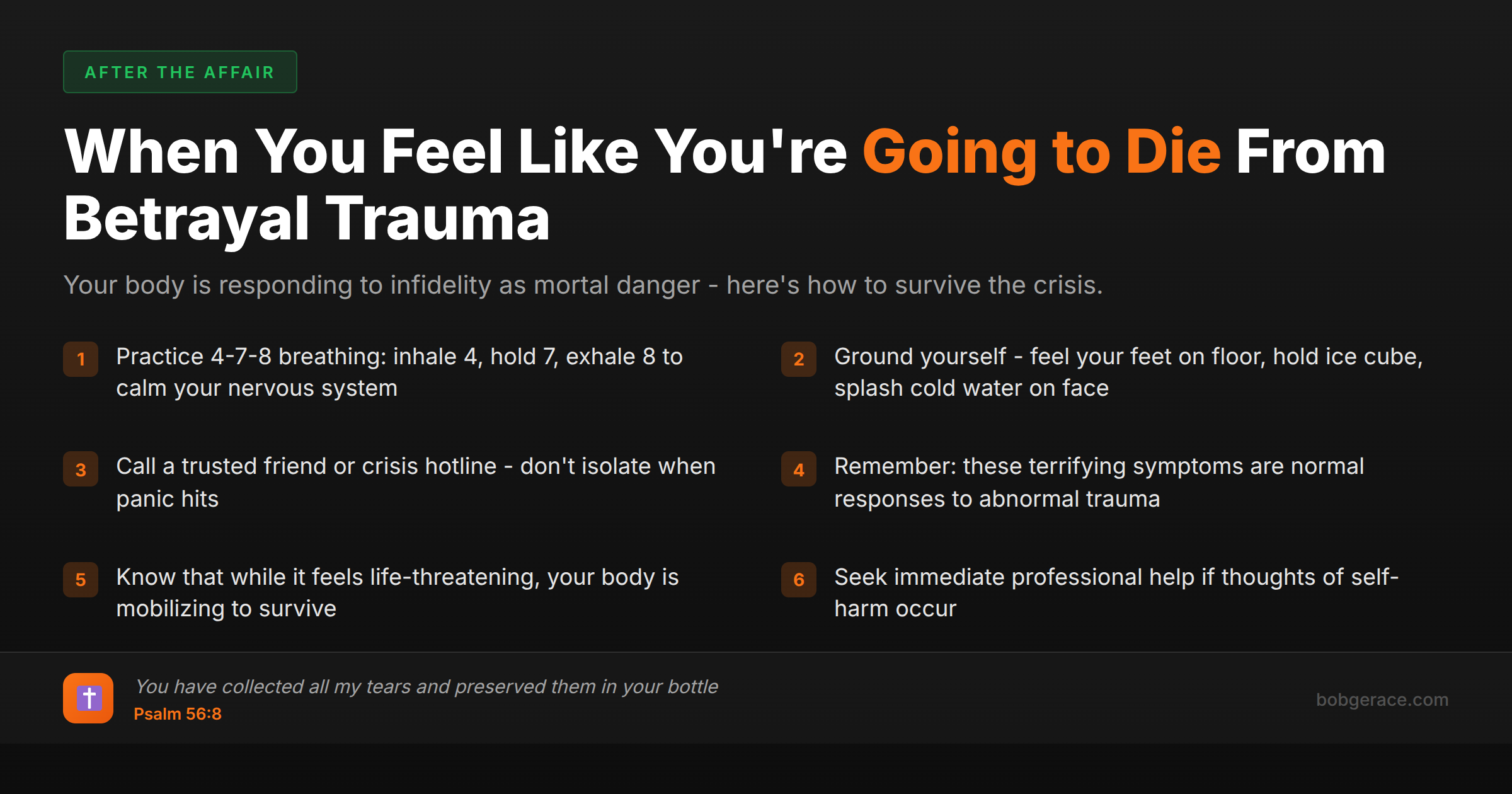 Checklist for surviving betrayal trauma when physical symptoms feel life-threatening, with grounding techniques and breathing exercises for marriage recovery