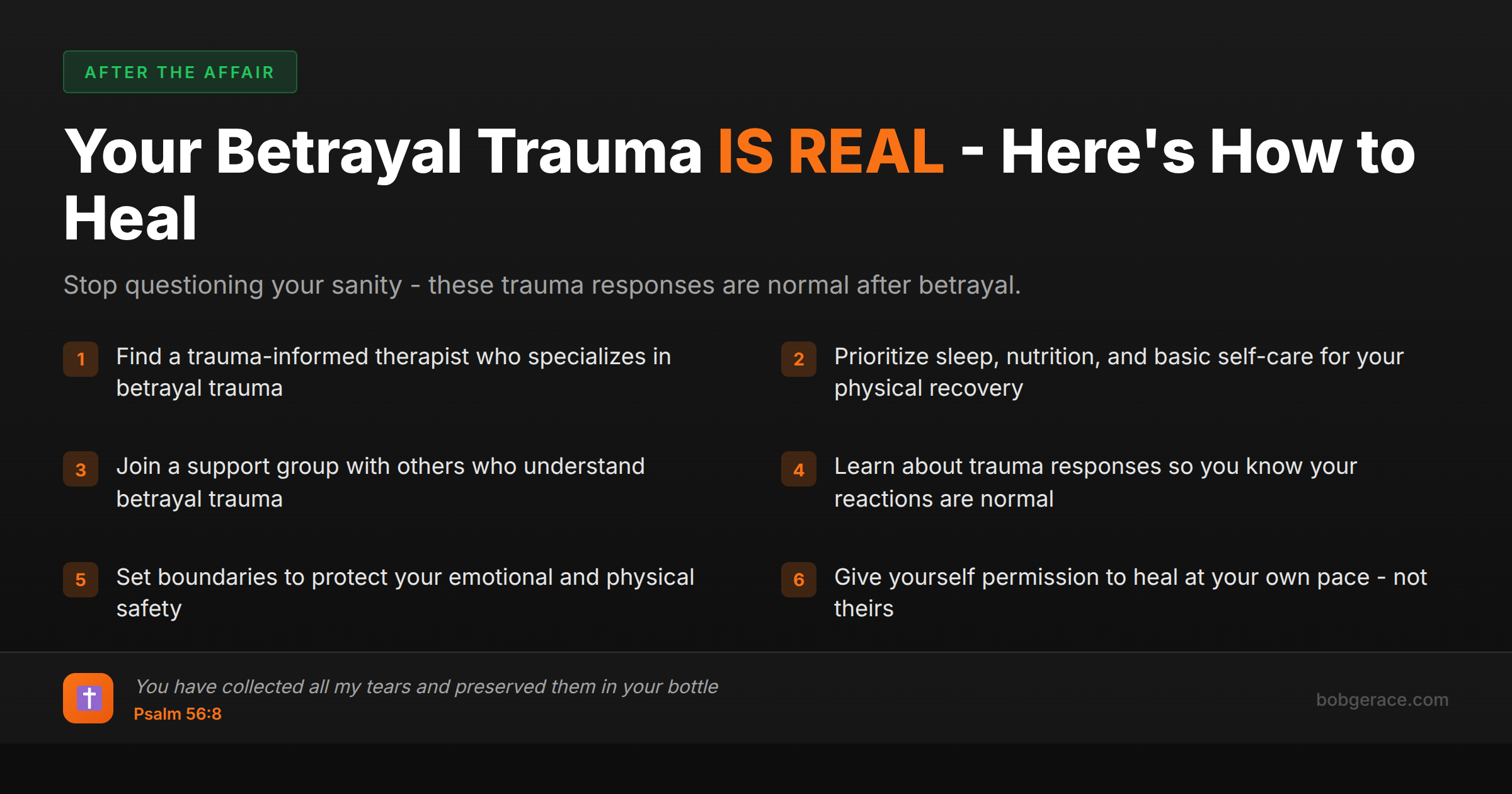 Checklist for healing from betrayal trauma after infidelity with Bible verse about God collecting our tears