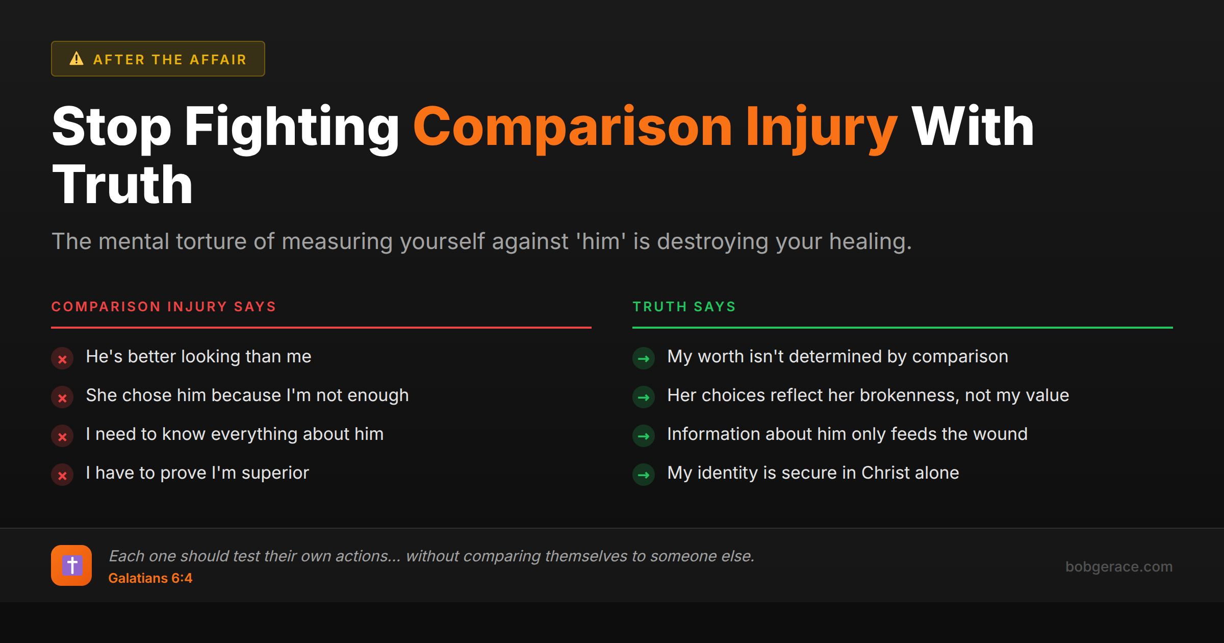Social media graphic comparing destructive comparison injury thoughts with healing truth after infidelity