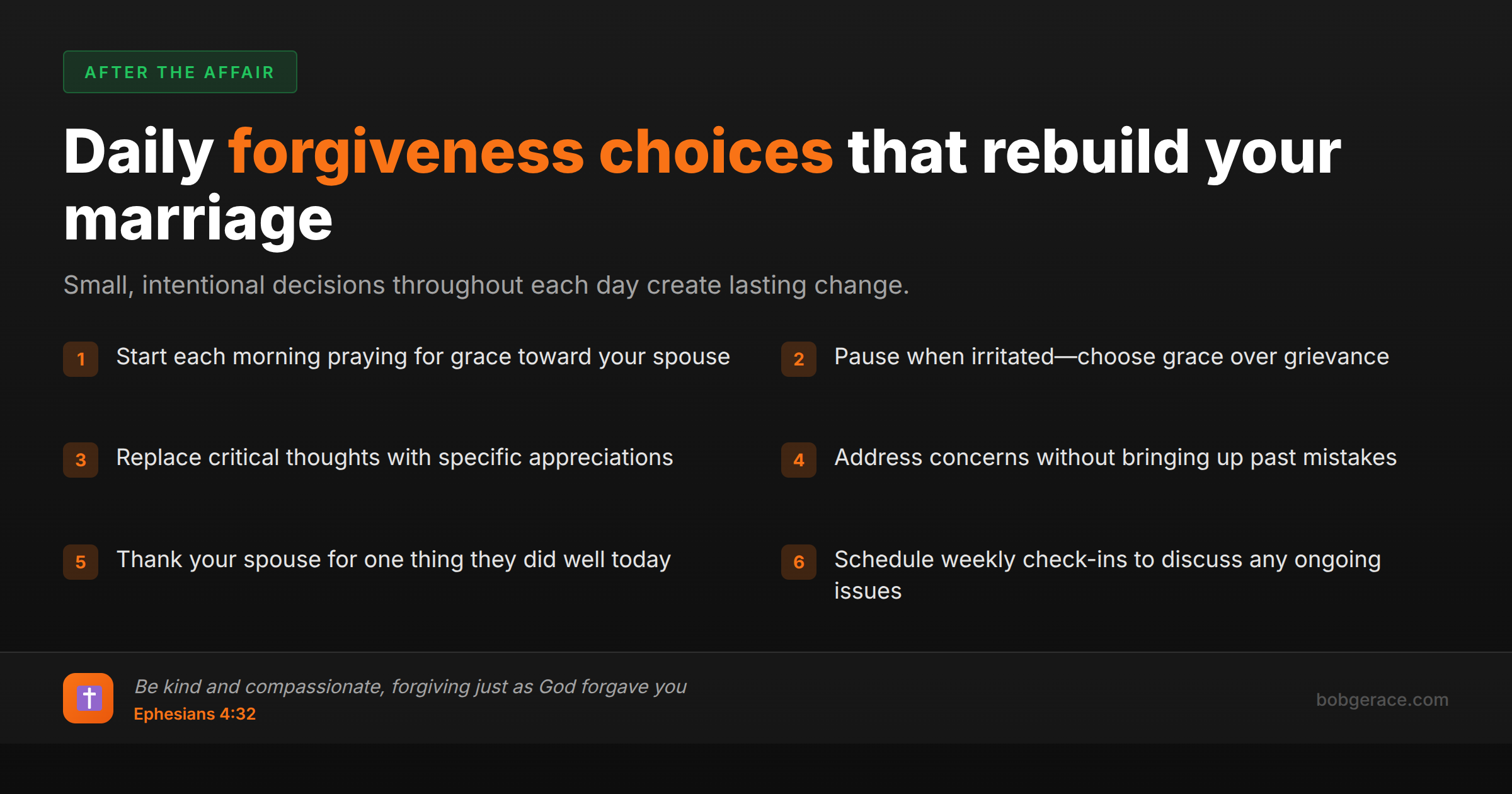Daily forgiveness checklist for marriage restoration with 6 practical steps and Ephesians 4:32 scripture reference