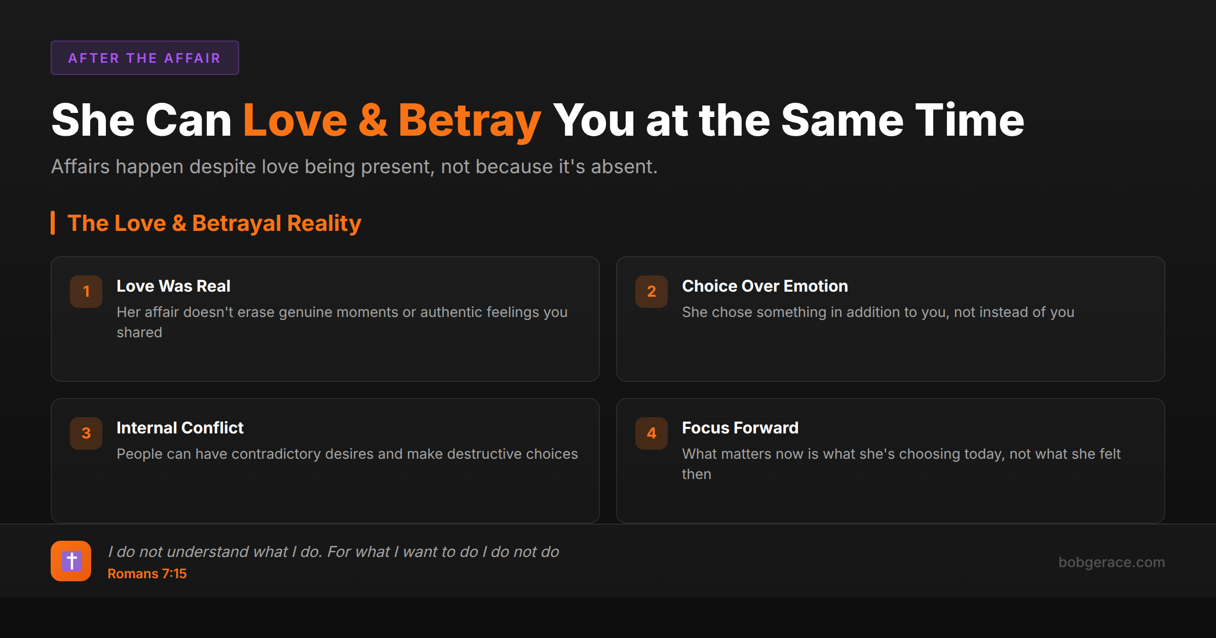 Marriage coaching framework explaining how love and betrayal can coexist after an affair, with Biblical perspective from Romans 7:15