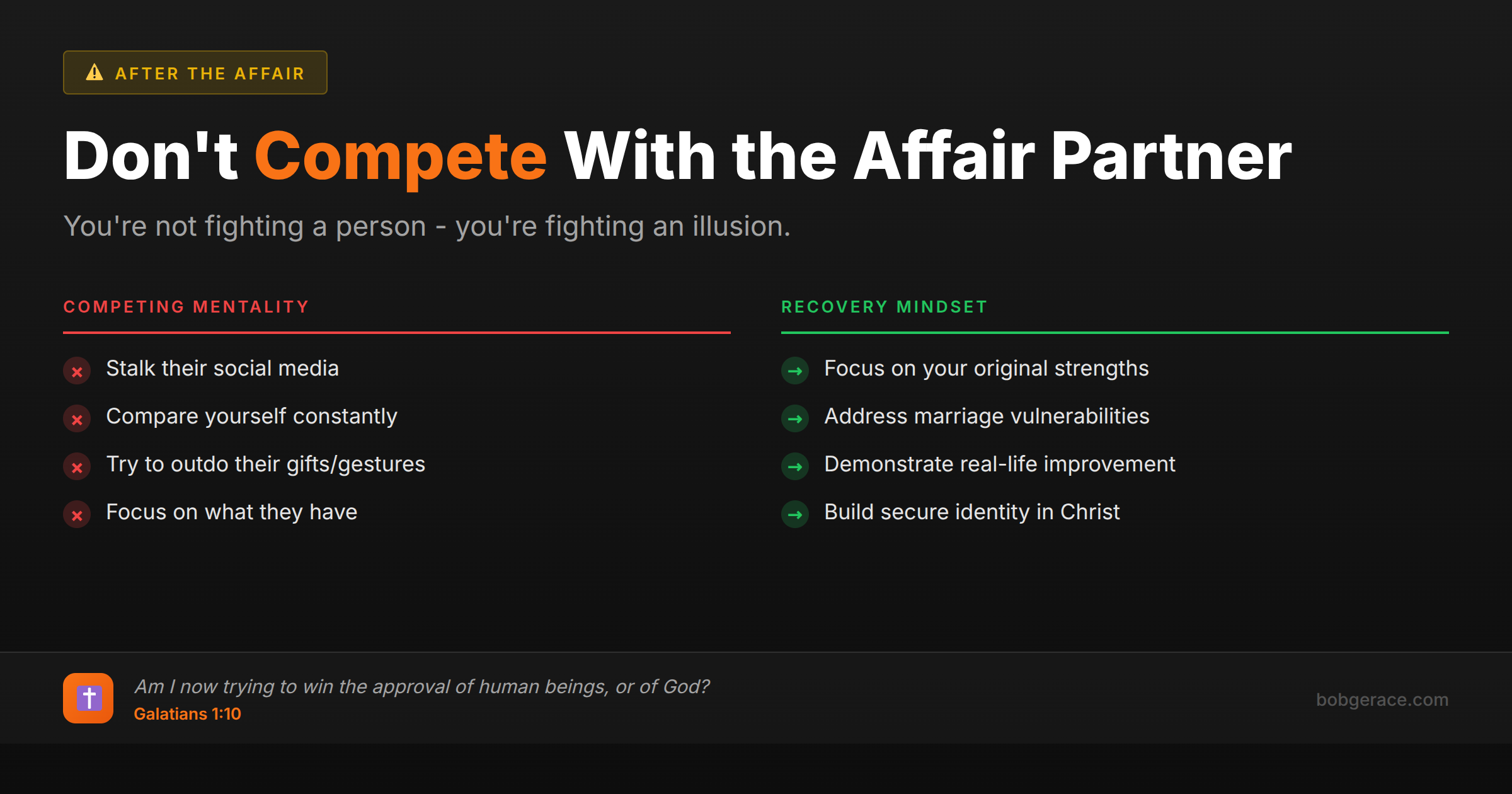 Marriage recovery advice comparing unhealthy competition mentality versus healthy recovery mindset after an affair