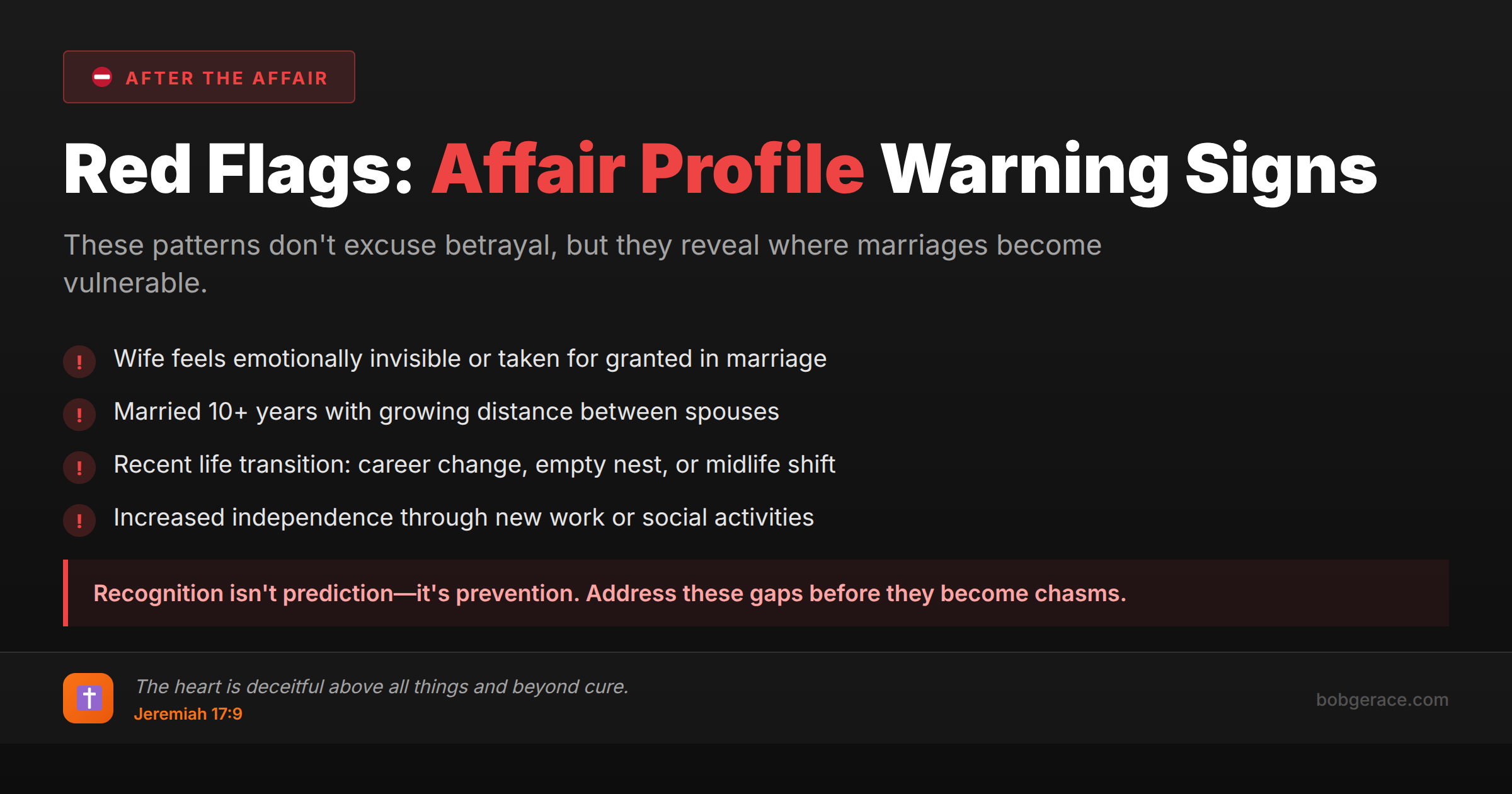 Warning signs and red flags of female affair profile patterns in marriage - marriage coaching advice with biblical perspective