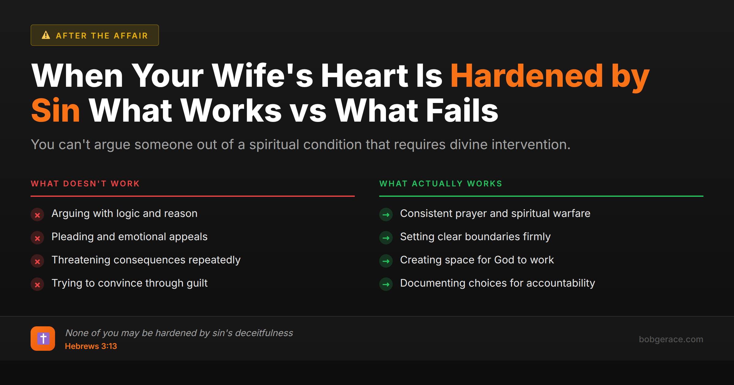 Marriage coaching advice comparing ineffective vs effective responses when dealing with a spouse who has a hardened heart during an affair