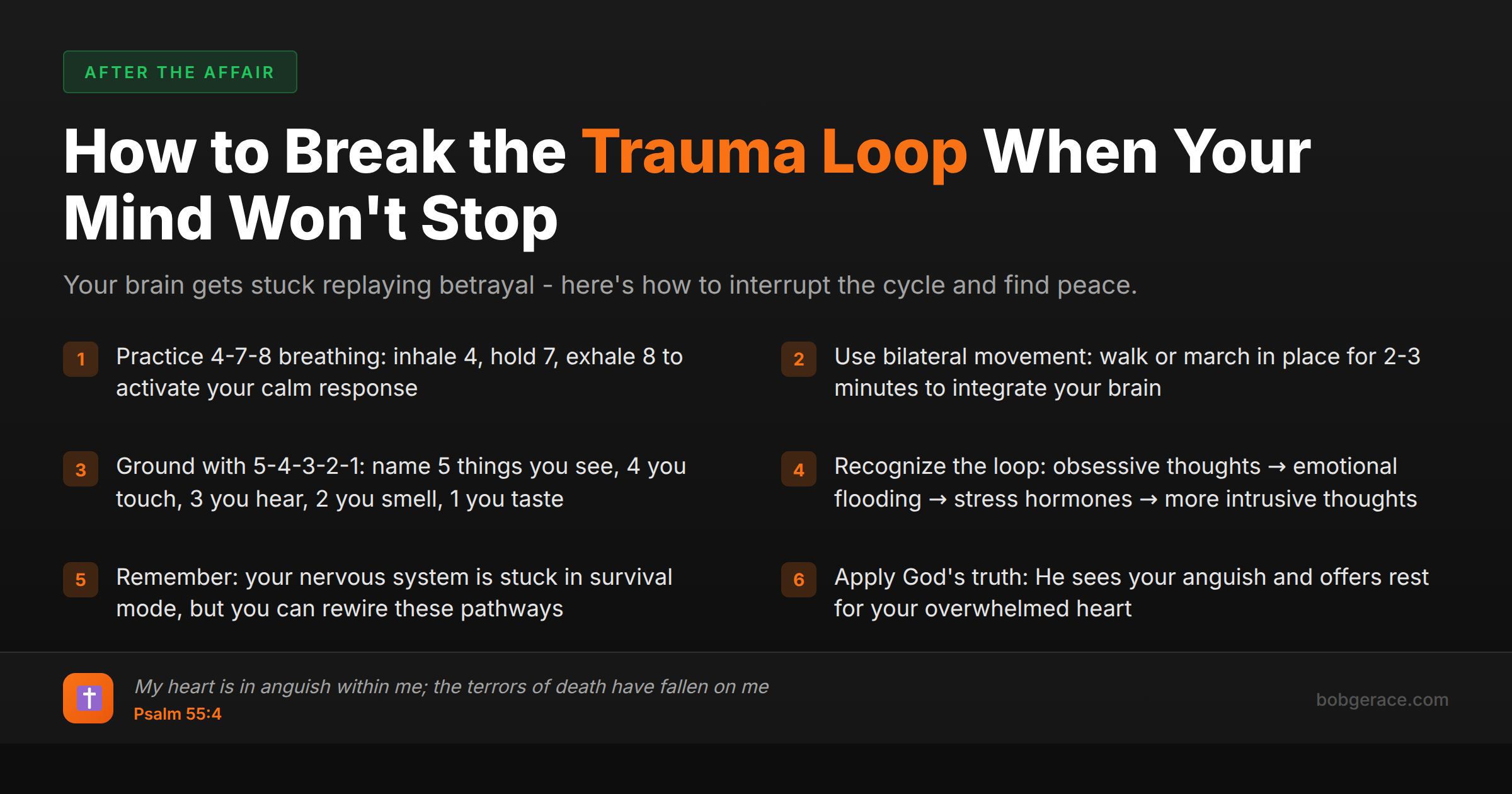 Marriage coaching checklist showing 6 practical steps to interrupt the trauma loop after discovering infidelity, with Bible verse support