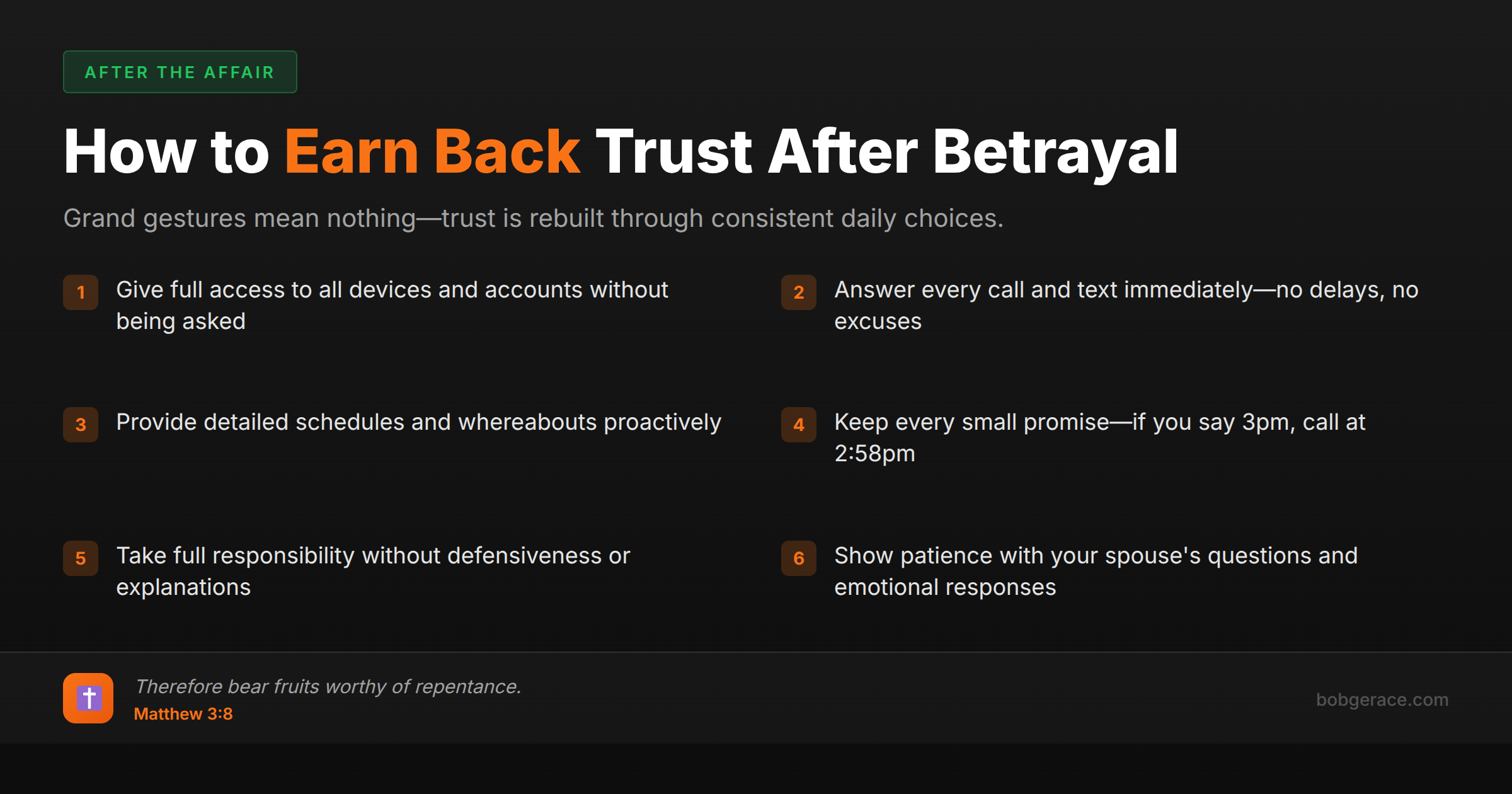 Marriage coaching checklist showing 6 practical steps for earning back trust after betrayal, with Biblical foundation from Matthew 3:8 about bearing fruit worthy of repentance
