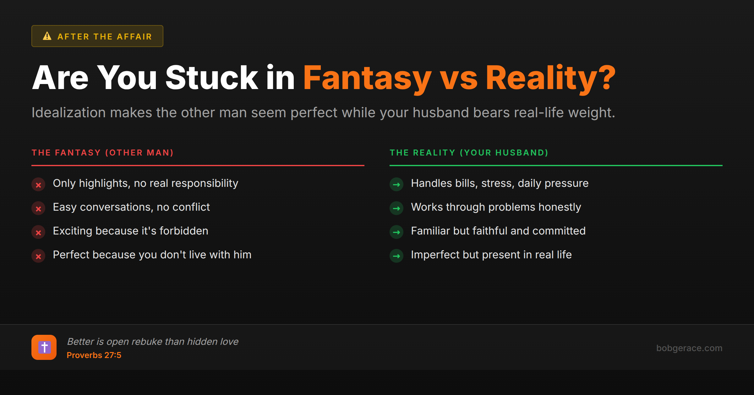 Marriage coaching infographic comparing fantasy vs reality in emotional affairs, showing idealization devaluation pattern with biblical wisdom