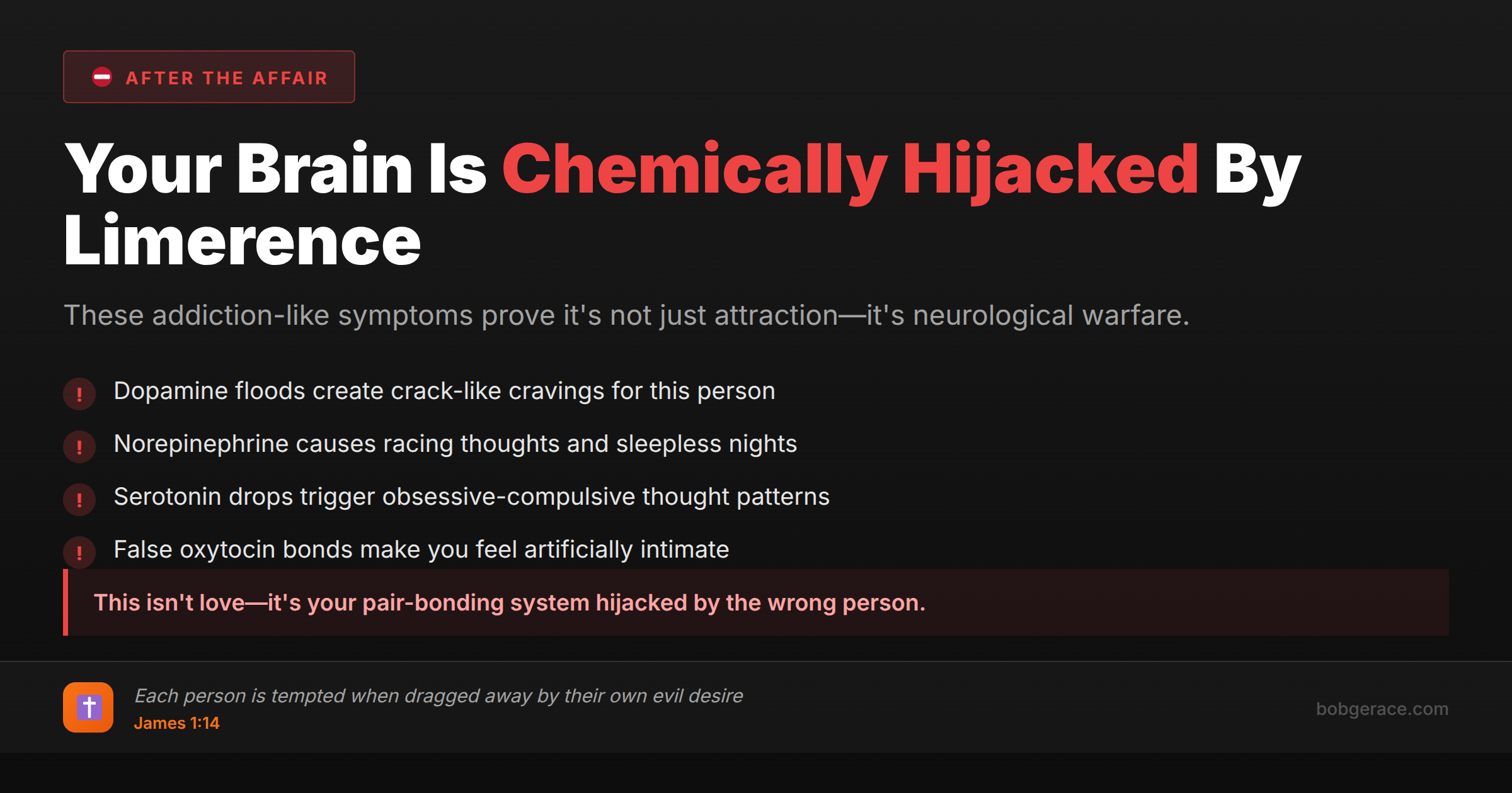 Warning signs that limerence has chemically hijacked your brain with dopamine, norepinephrine, and serotonin imbalances creating addiction-like symptoms