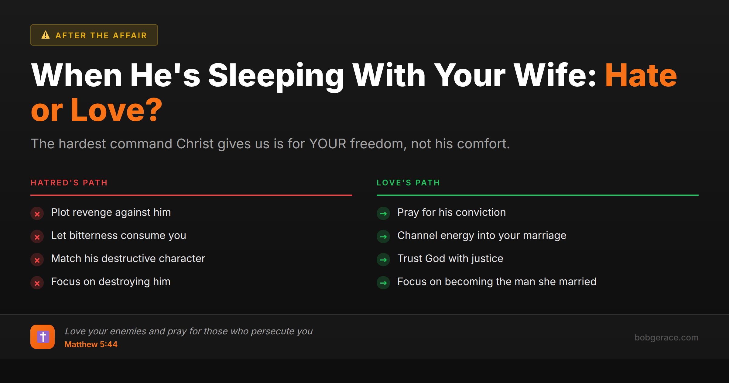 Biblical guidance comparing hatred versus love when dealing with a man who is having an affair with your wife - marriage coaching advice