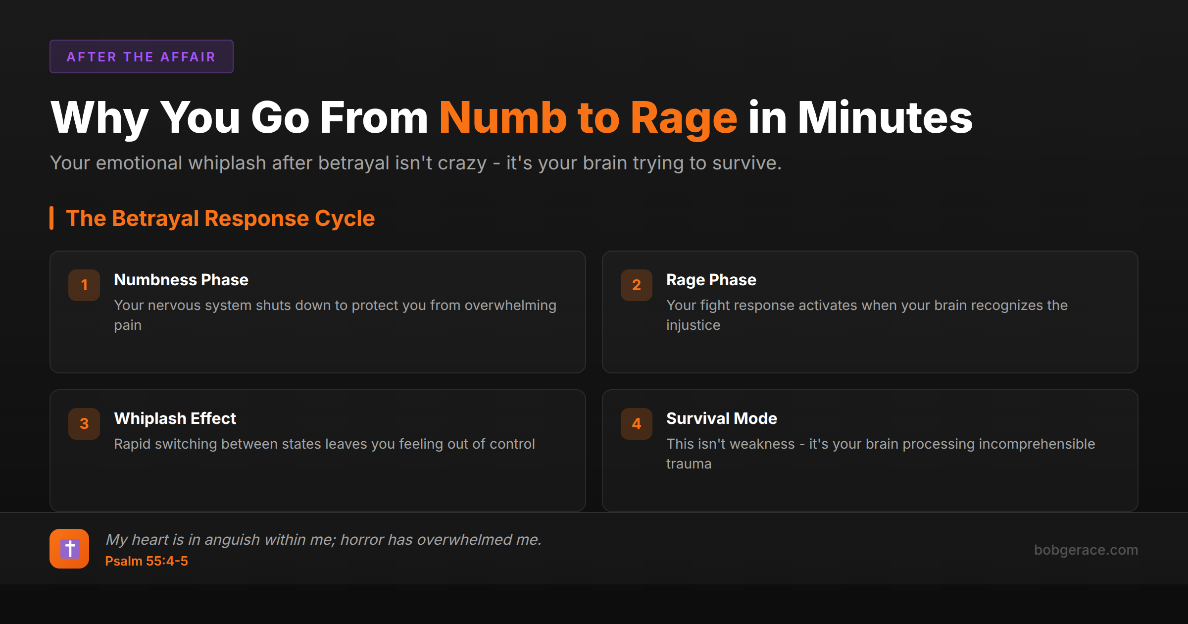 Marriage coaching framework explaining the betrayal response cycle from numbness to rage after infidelity