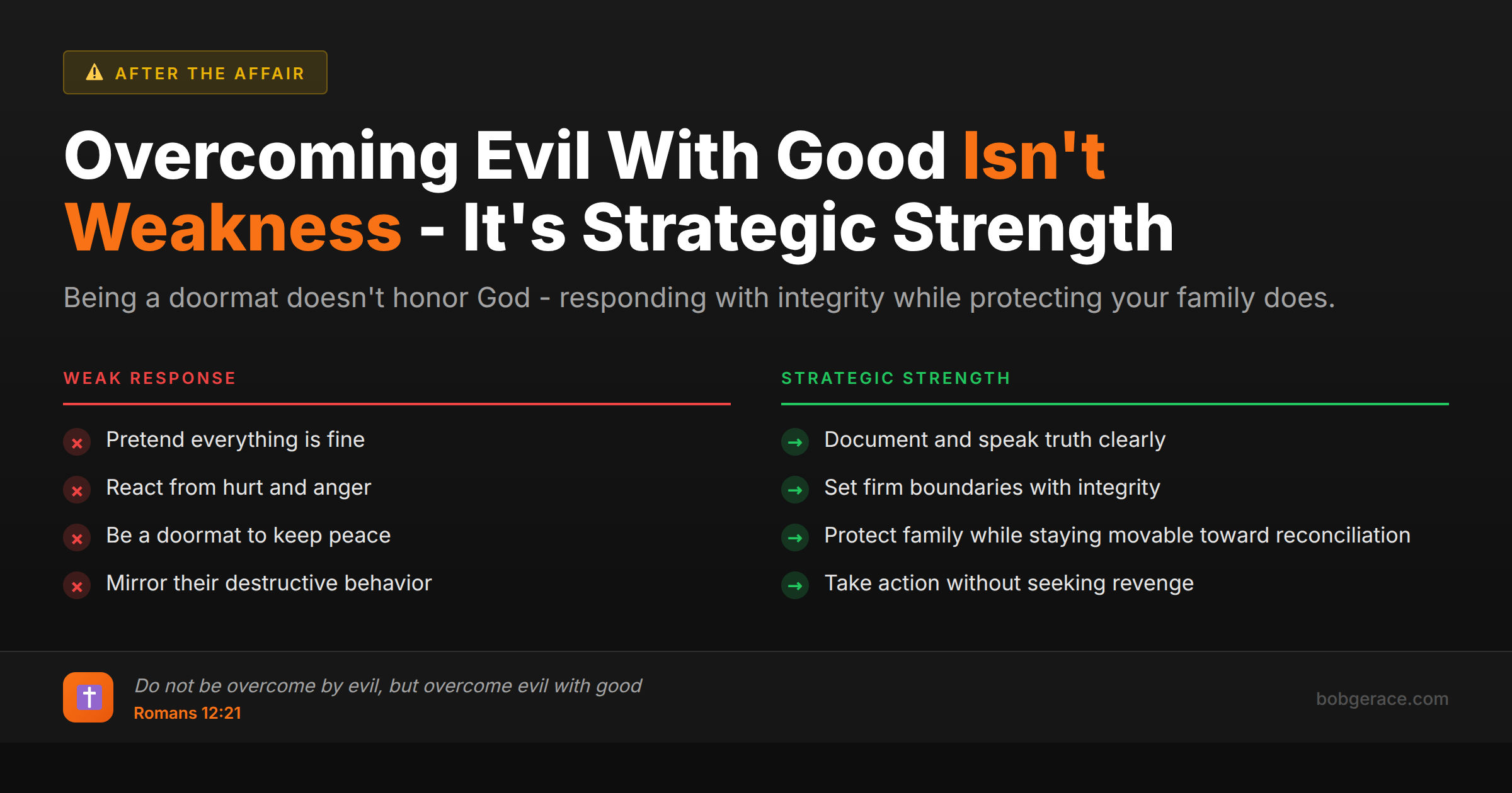 Comparison chart showing weak responses vs strategic strength when overcoming evil with good in marriage after infidelity