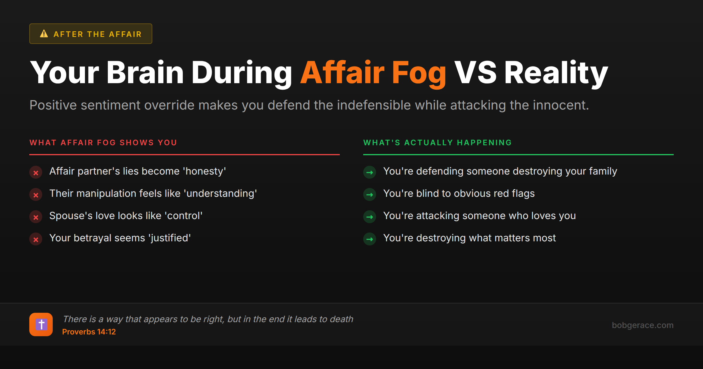 Comparison chart showing how affair fog distorts perception versus the reality of what's actually happening in marriage and affairs