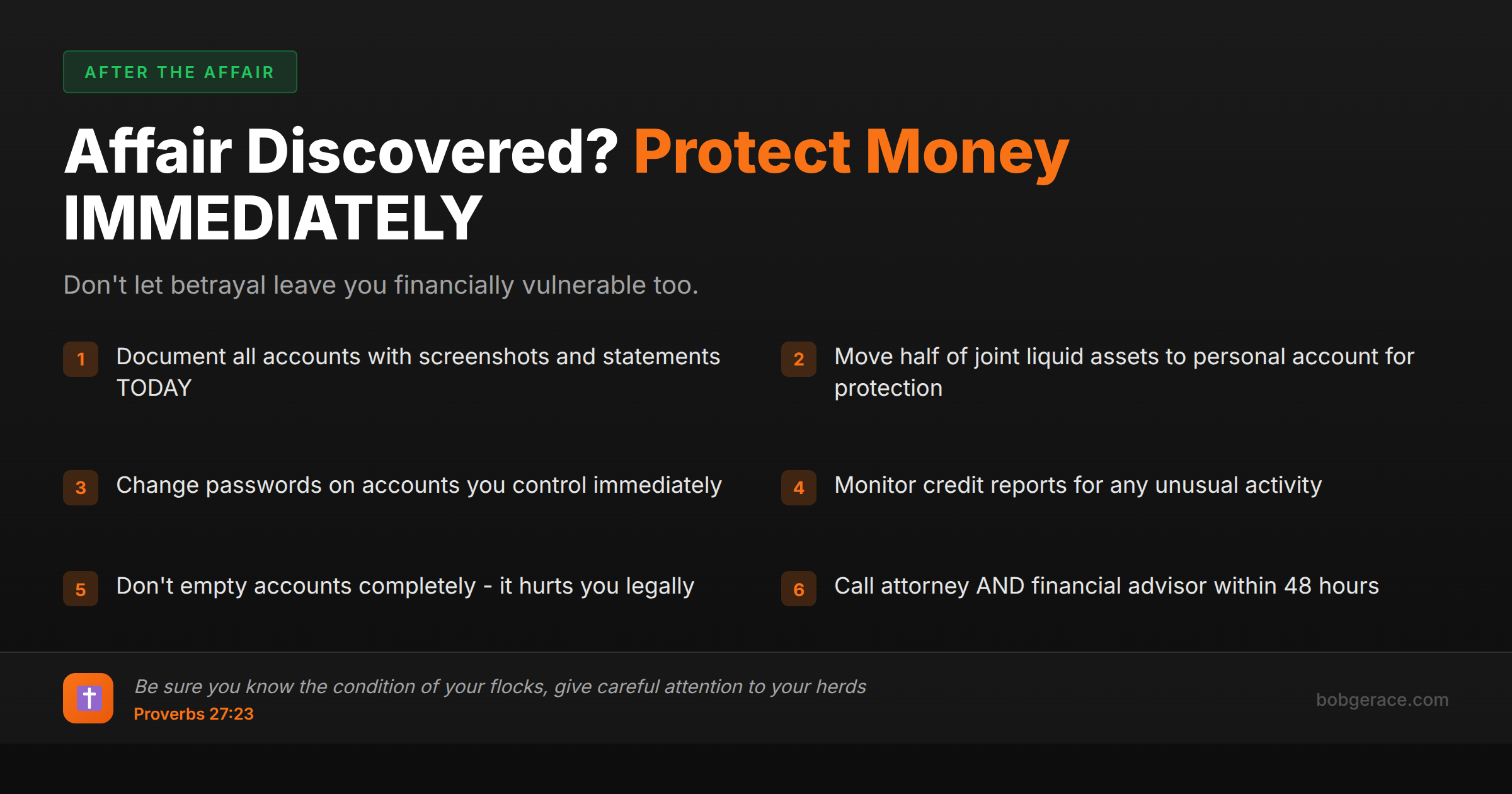 Marriage coaching checklist for protecting finances immediately after discovering spouse's affair, with biblical guidance from Proverbs