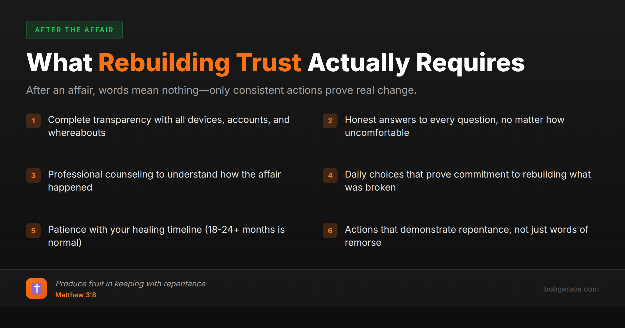 Marriage coaching checklist showing what rebuilding trust requires after an affair - transparency, consistency, and proven change through actions