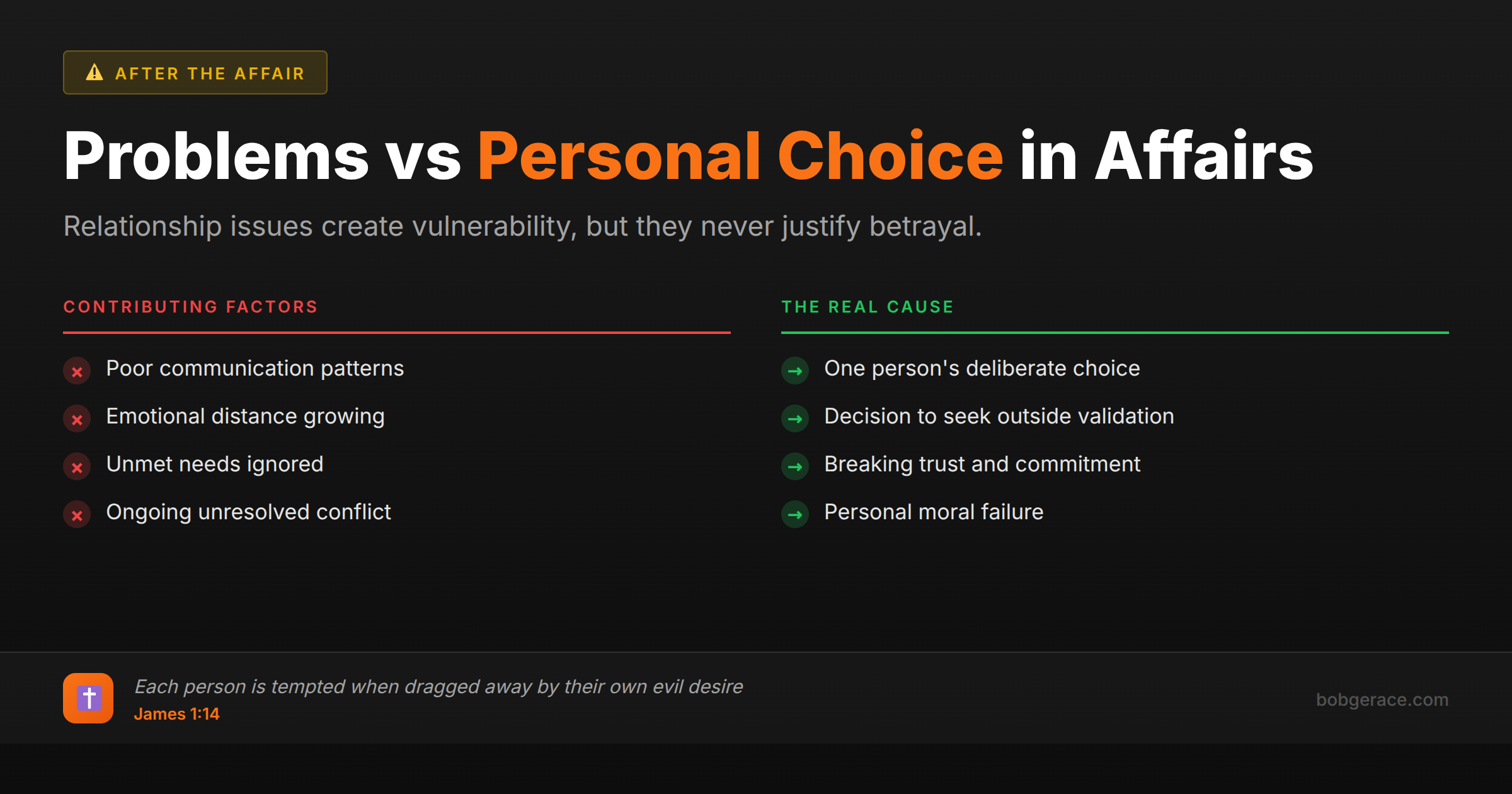 Marriage coaching infographic comparing relationship problems as contributing factors versus personal choice as the real cause of affairs