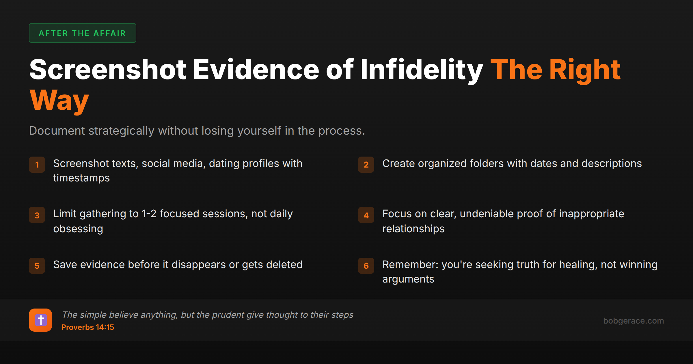 Checklist for strategically documenting evidence of infidelity in marriage with Biblical wisdom