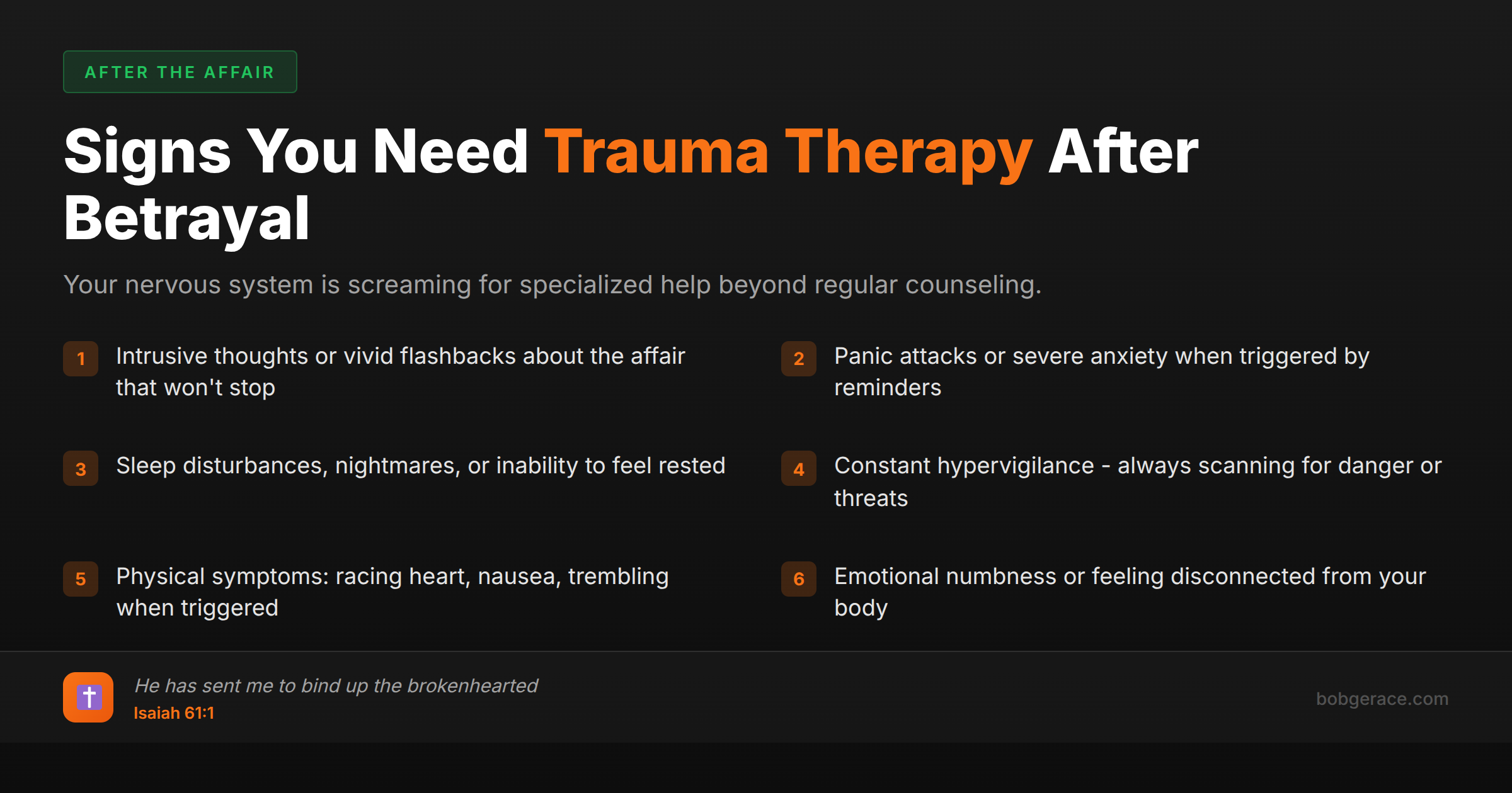 Checklist of trauma symptoms after affair betrayal showing when specialized EMDR or trauma therapy is needed beyond regular marriage counseling