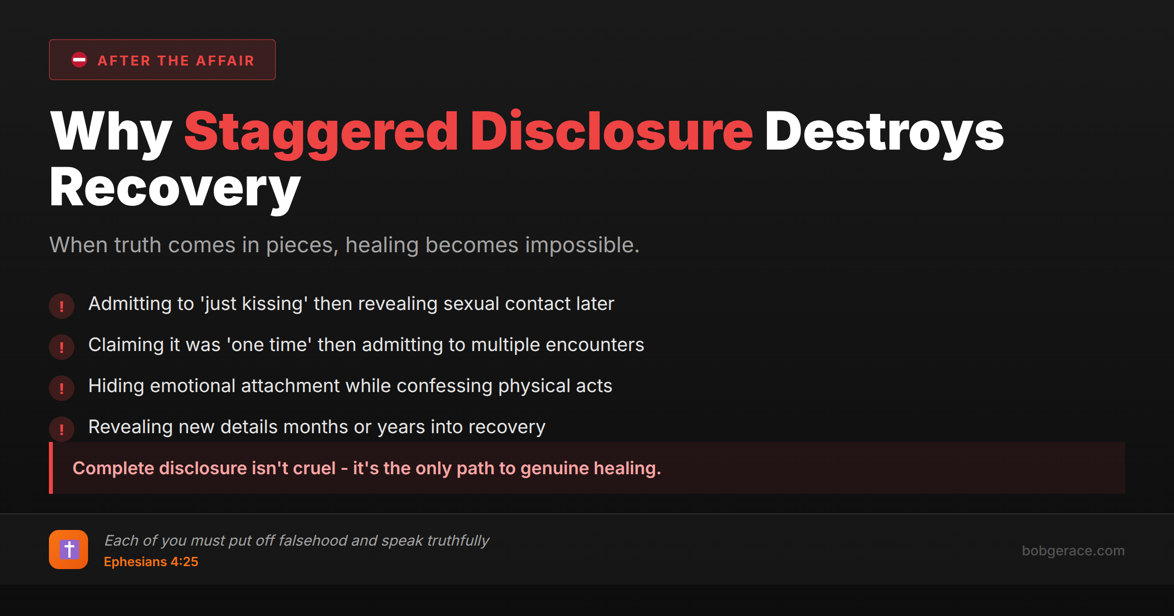 Warning signs of staggered disclosure in marriage recovery after infidelity with Biblical guidance