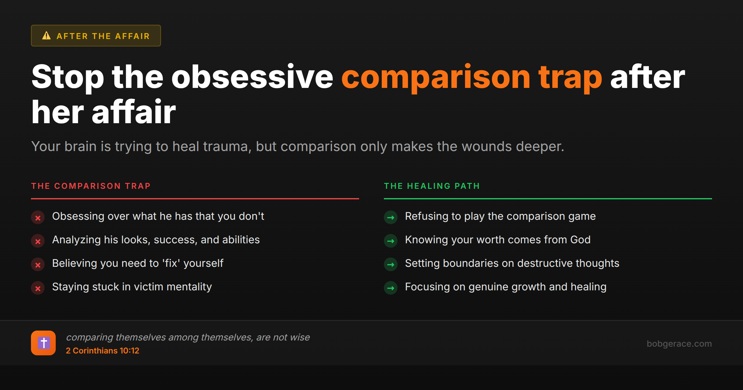 Marriage coaching advice comparing unhealthy comparison habits vs healthy healing approaches after infidelity