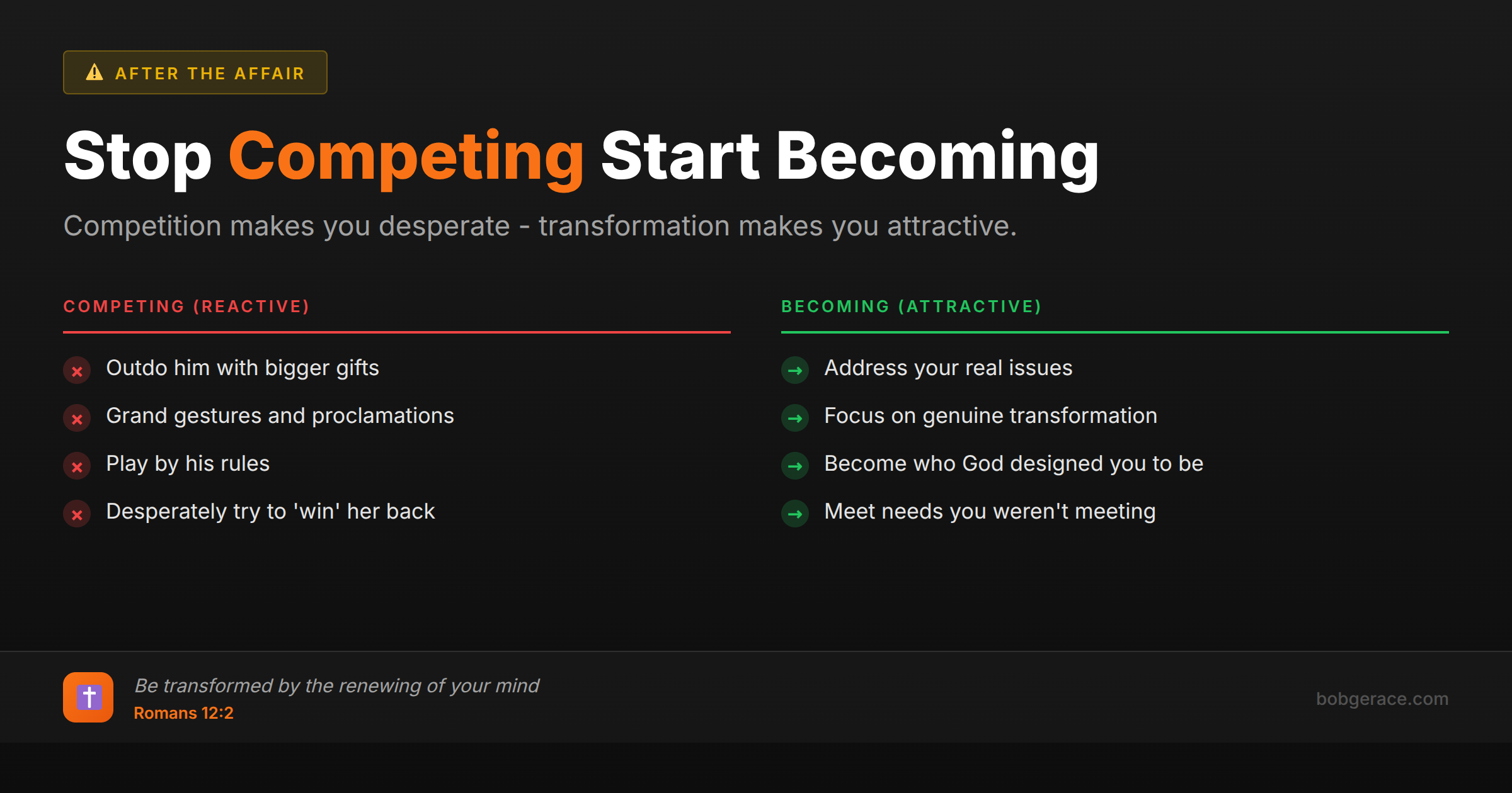 Marriage coaching advice comparing competitive vs transformative approaches to winning back your wife after an affair