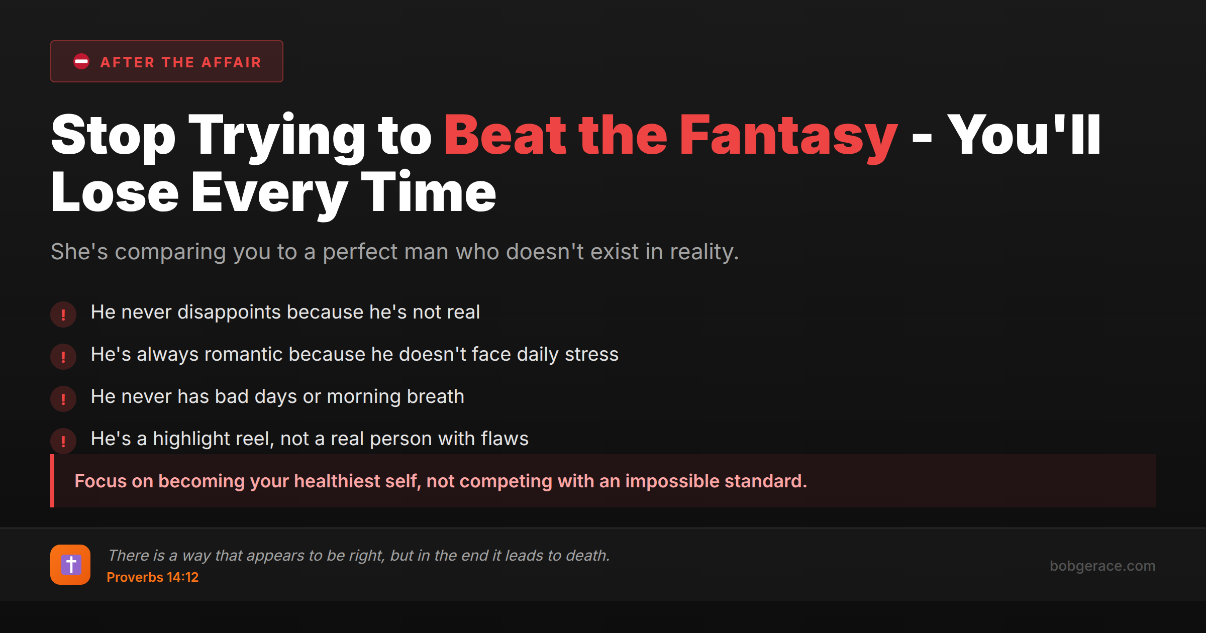 Marriage coaching advice warning men not to compete with affair partner fantasy after infidelity