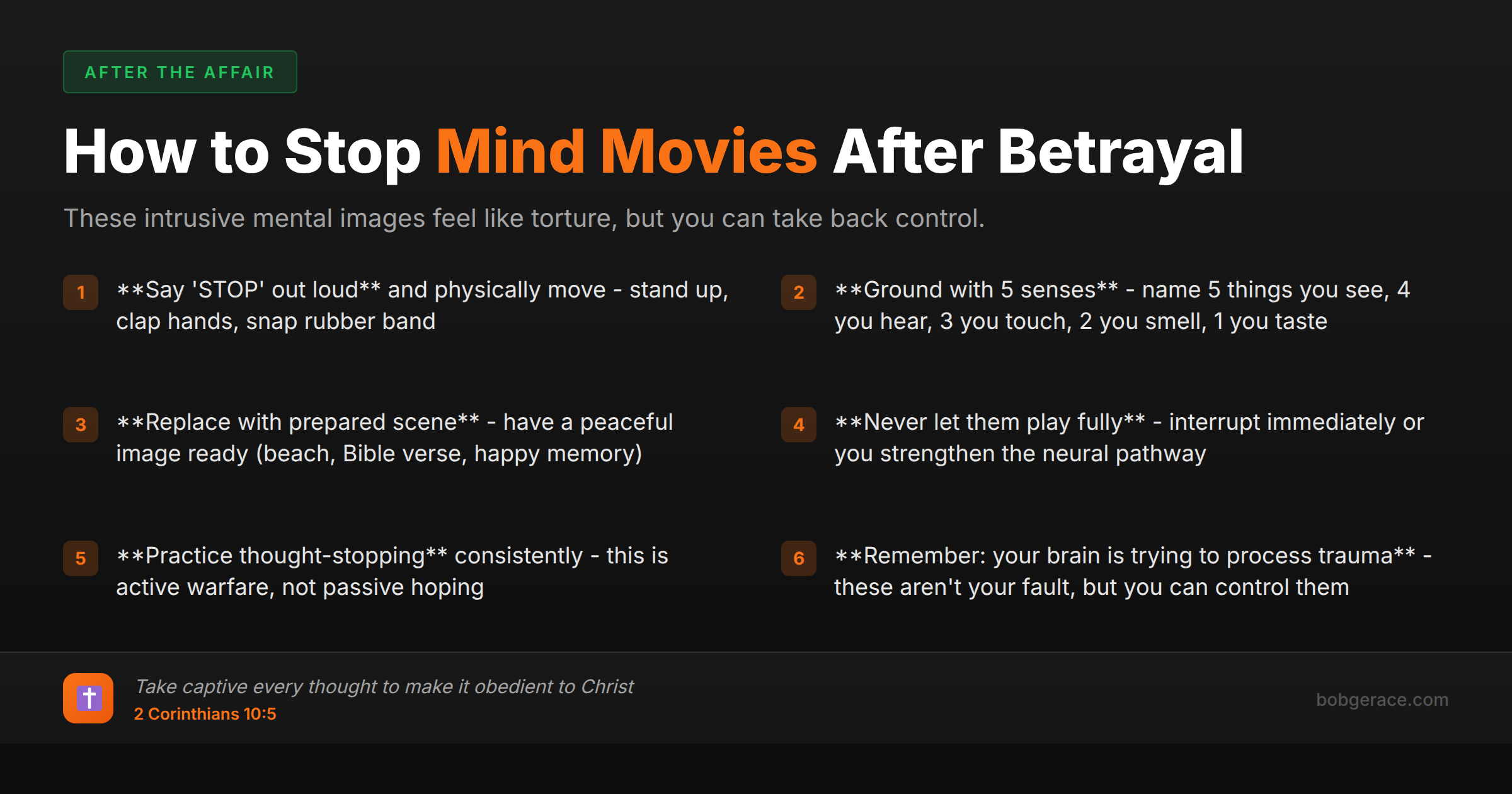 Marriage coaching checklist showing 6 practical steps to stop intrusive mind movies and mental images after discovering spouse's affair or betrayal