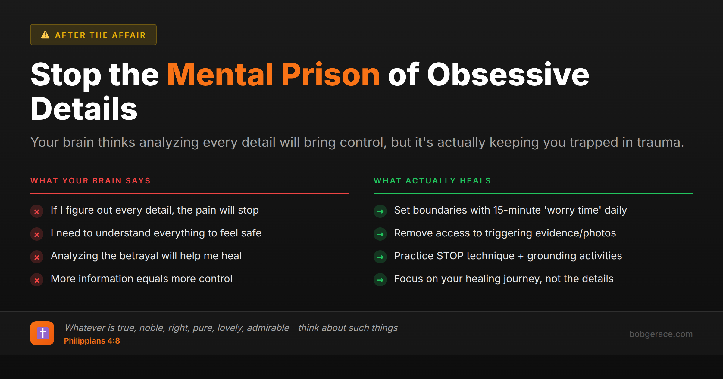 Marriage coaching advice comparing obsessive thinking patterns vs healthy healing strategies after affair betrayal trauma