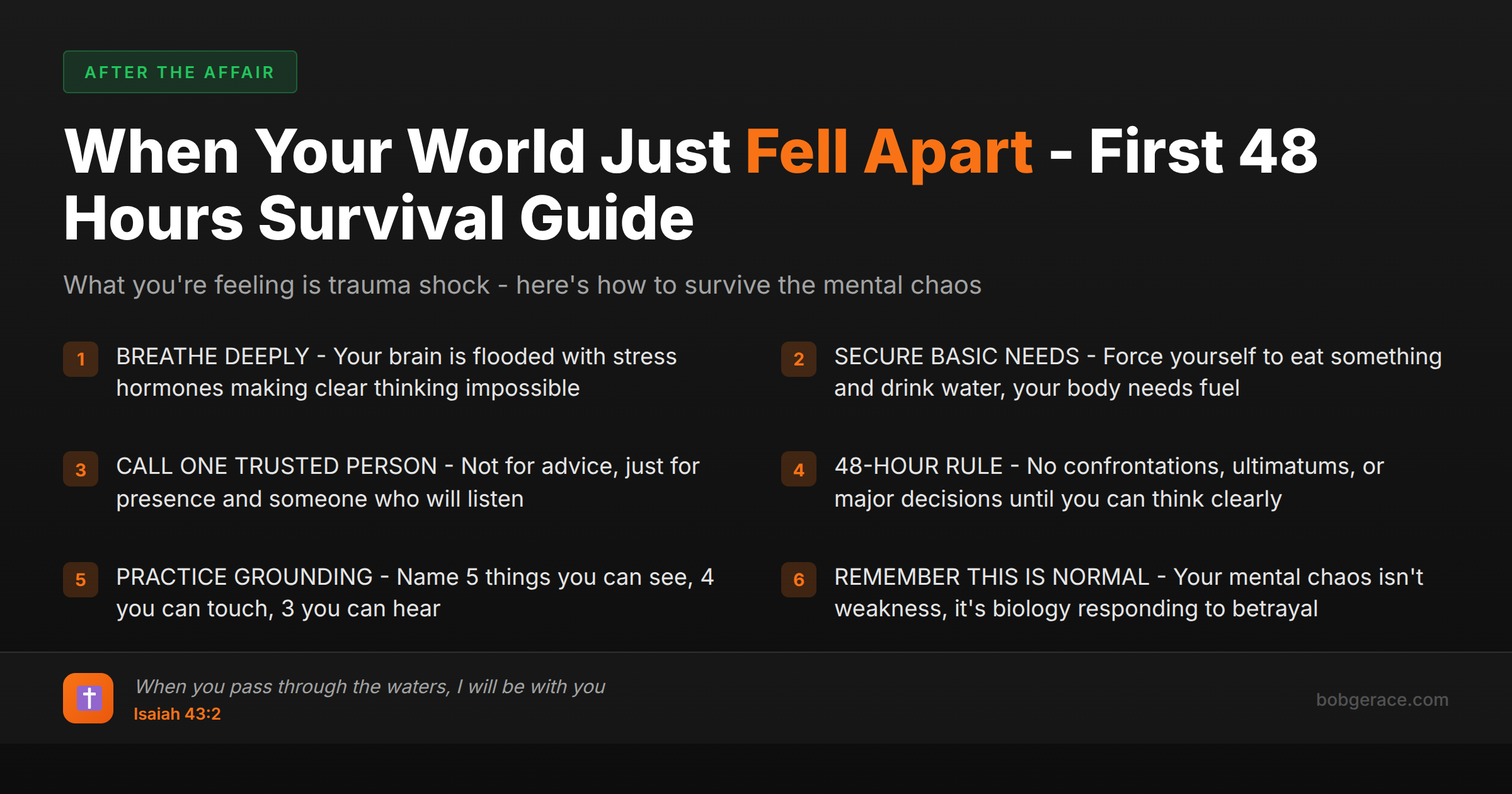 Marriage coaching guide for men on surviving the first 48 hours after discovering an affair, with practical steps and biblical encouragement