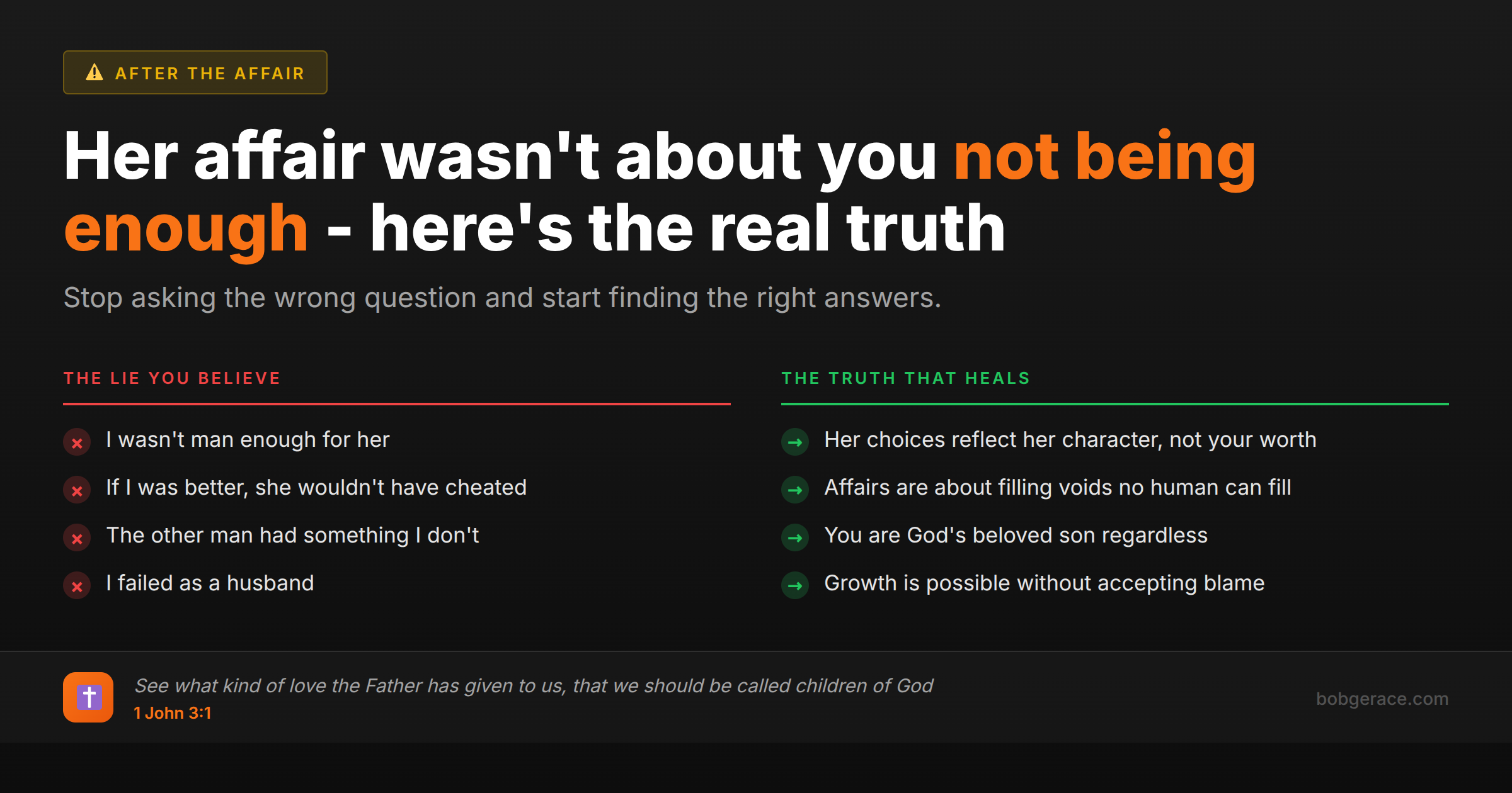 Marriage coaching image comparing lies vs truth about self-worth after wife's affair for betrayed husbands