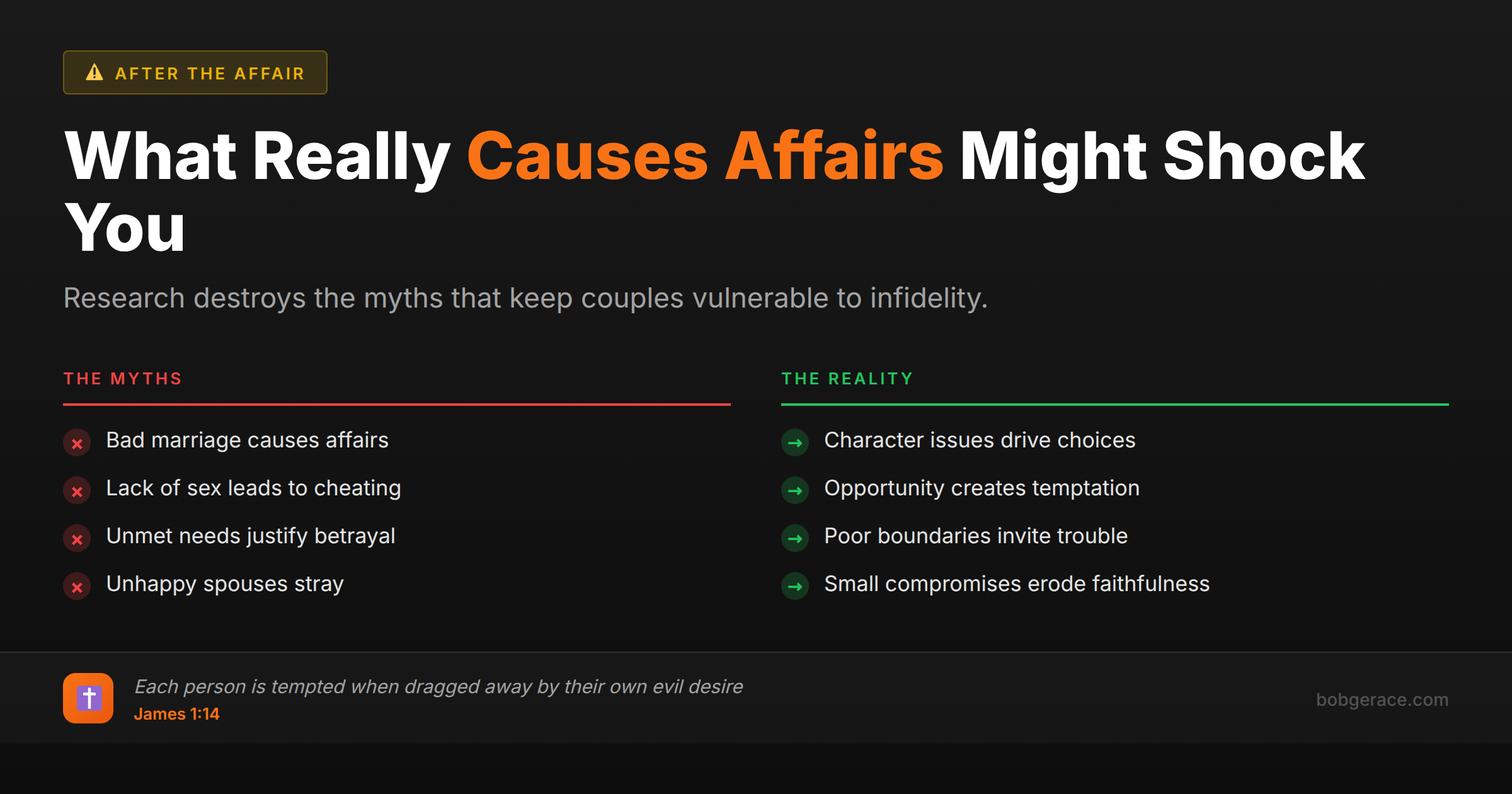 Marriage coaching infographic comparing common myths about what causes affairs versus the research-backed reality of infidelity causes