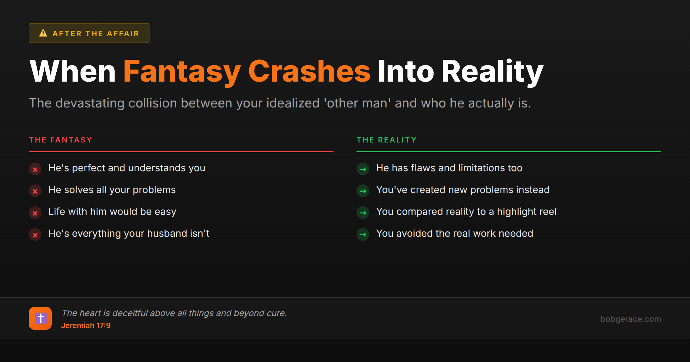 Marriage coaching infographic comparing affair fantasy versus reality for men struggling after infidelity