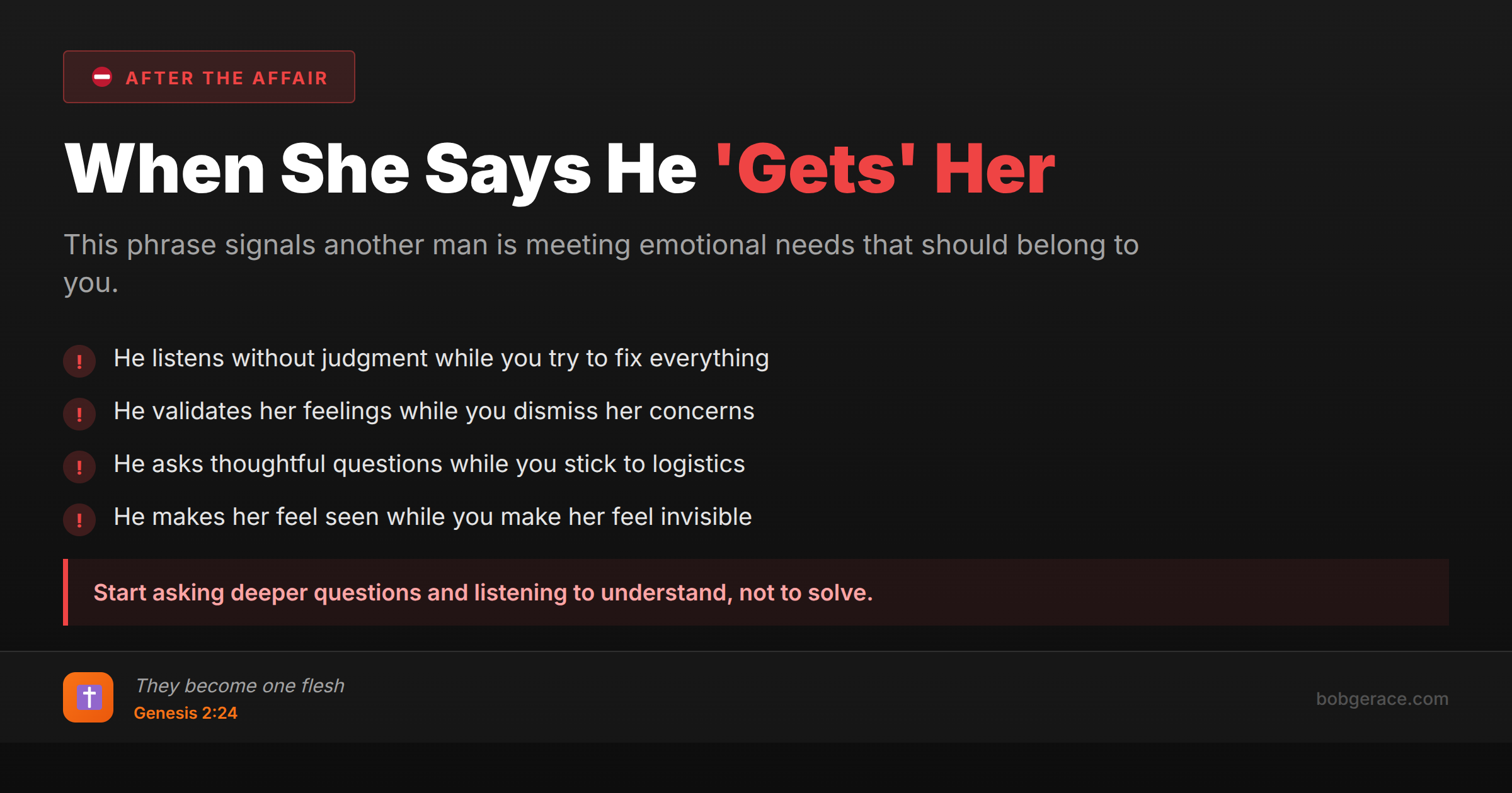 Marriage coaching warning signs when wife says another man 'gets her' - emotional connection red flags for husbands