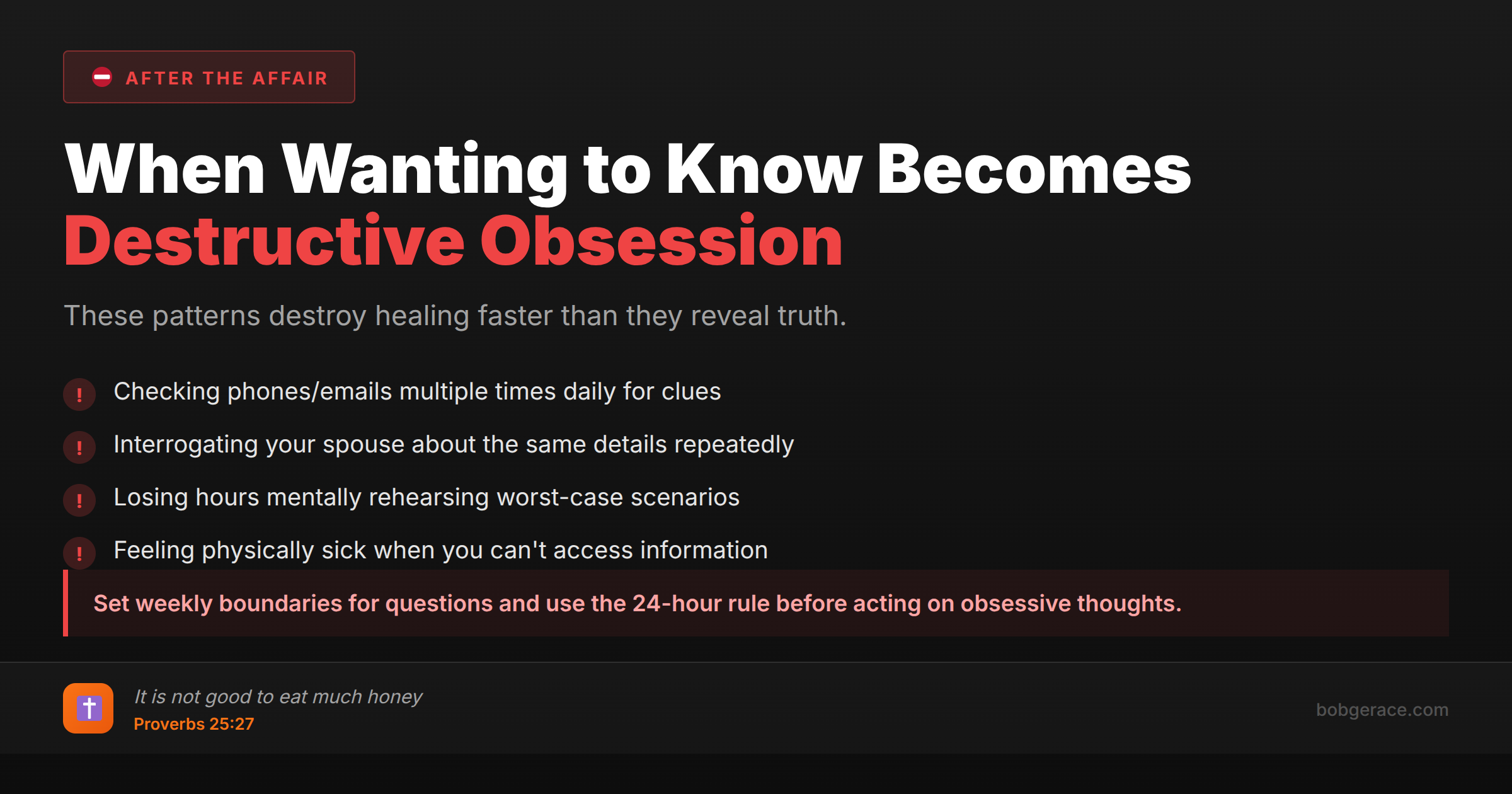Marriage coaching advice about recognizing when the need to know after infidelity becomes unhealthy obsession with warning signs