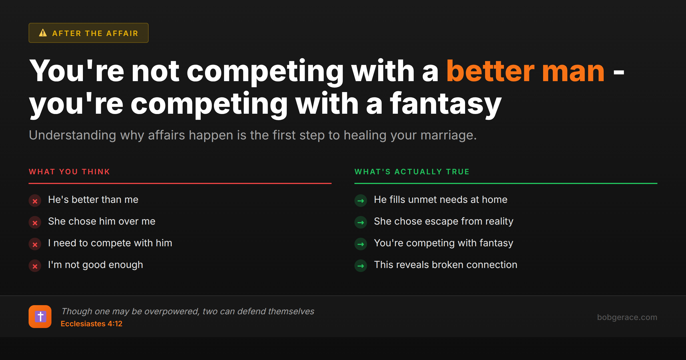 Marriage coaching advice comparing myths vs reality about why wives have affairs - explains it's about unmet needs not finding someone better