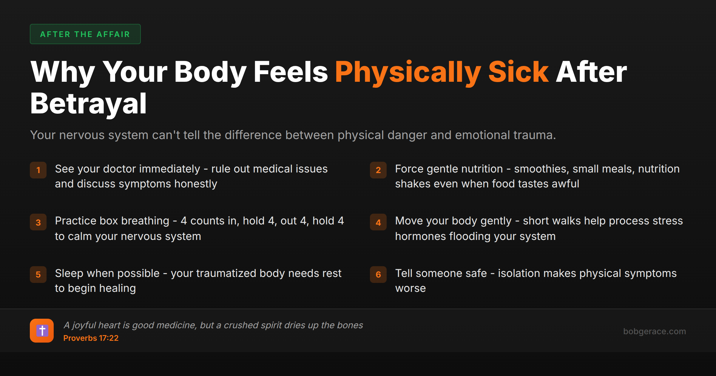 Checklist of ways to handle physical sickness symptoms after discovering betrayal in marriage