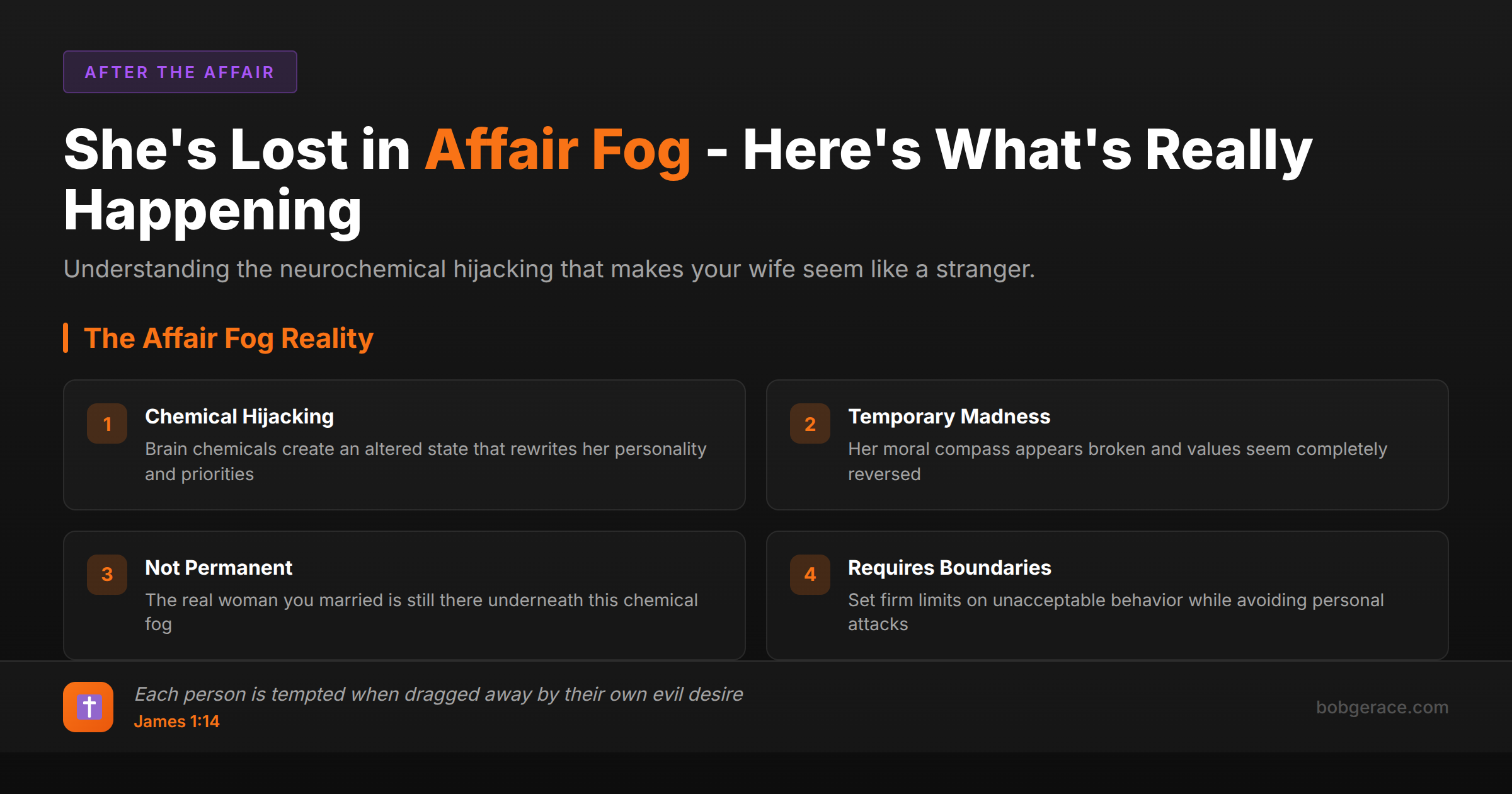 Marriage coaching framework explaining affair fog and neurochemical changes that make unfaithful spouse seem like different person, with biblical guidance from James 1:14