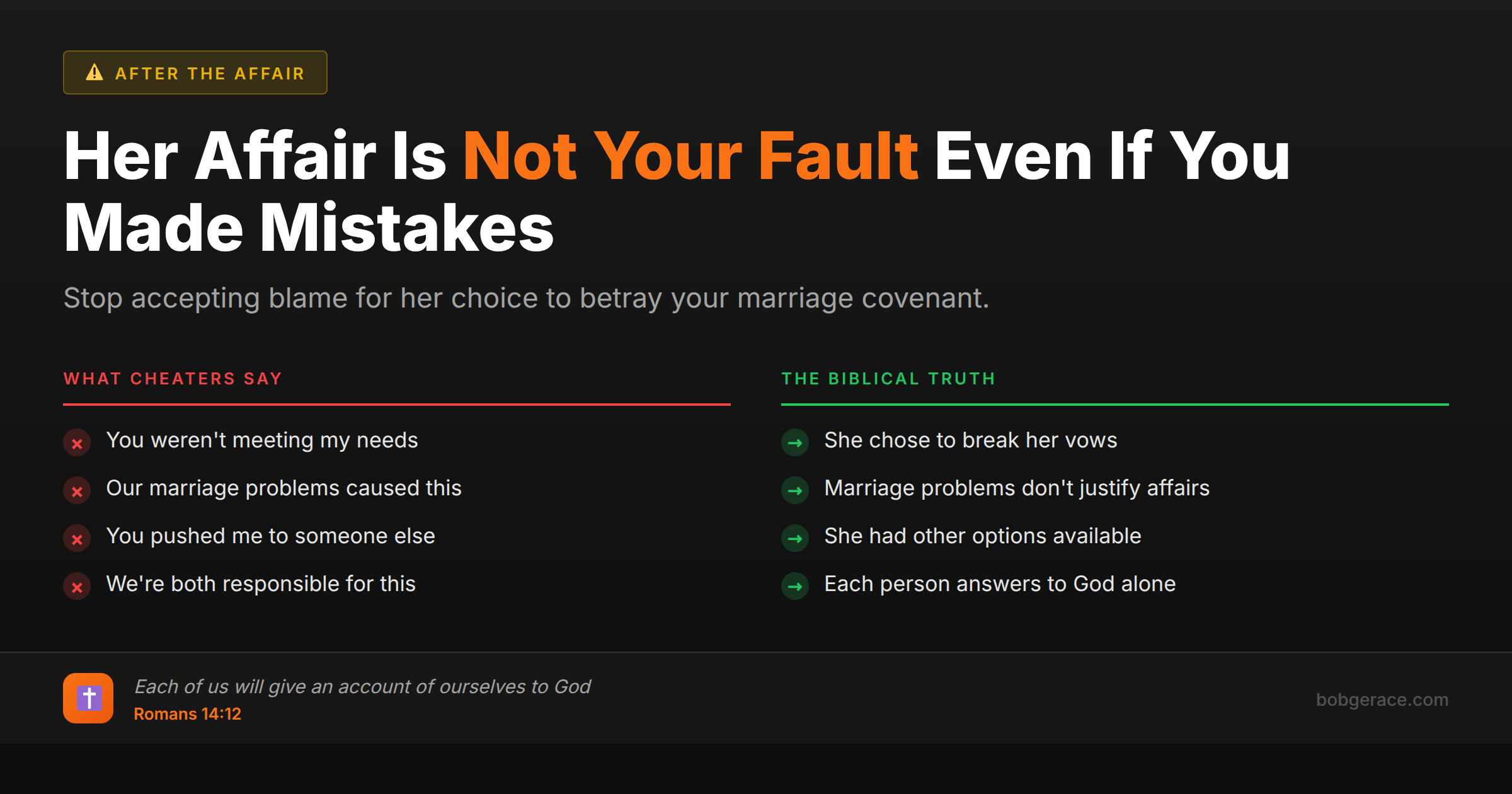 Social media graphic comparing cheater excuses vs biblical truth about affair responsibility in marriage