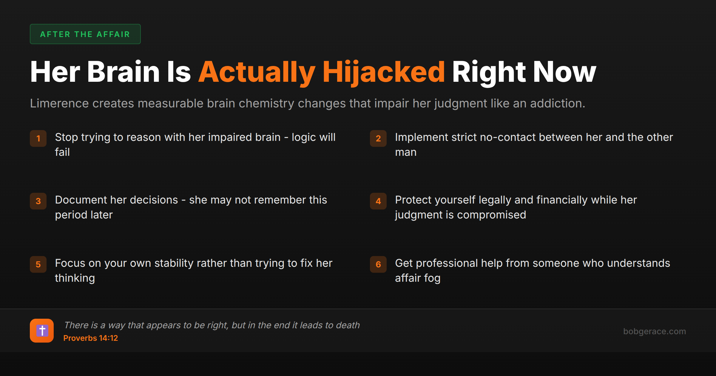 Marriage coaching advice about how affairs create brain chemistry changes that impair judgment and decision-making