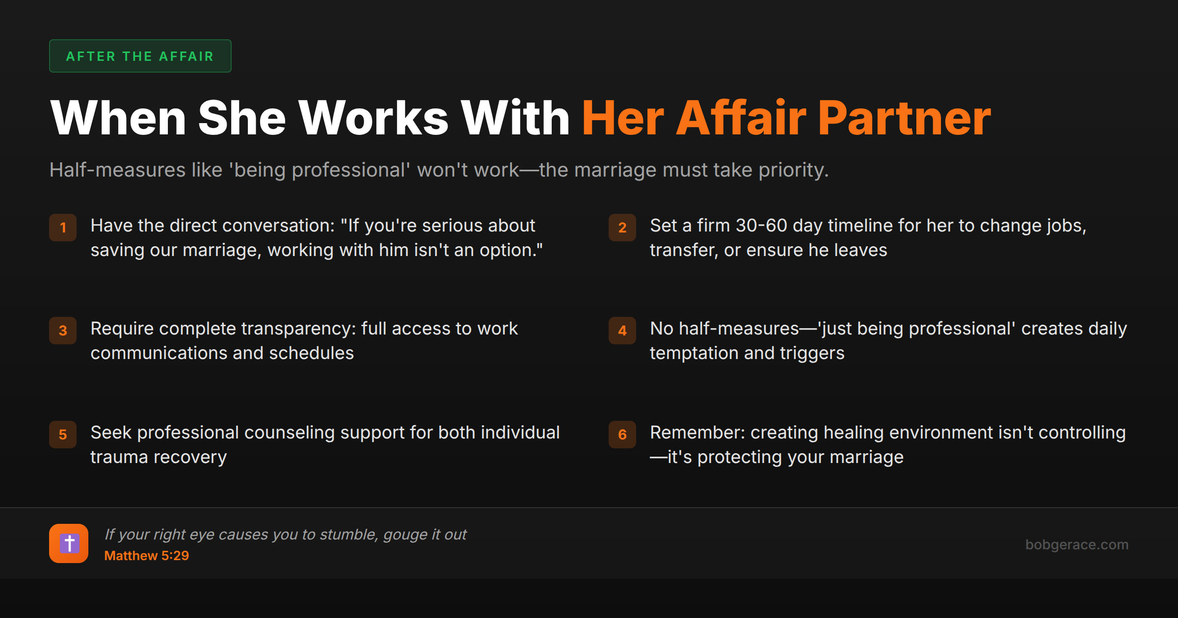 Marriage recovery checklist for when wife works with affair partner - biblical guidance and action steps
