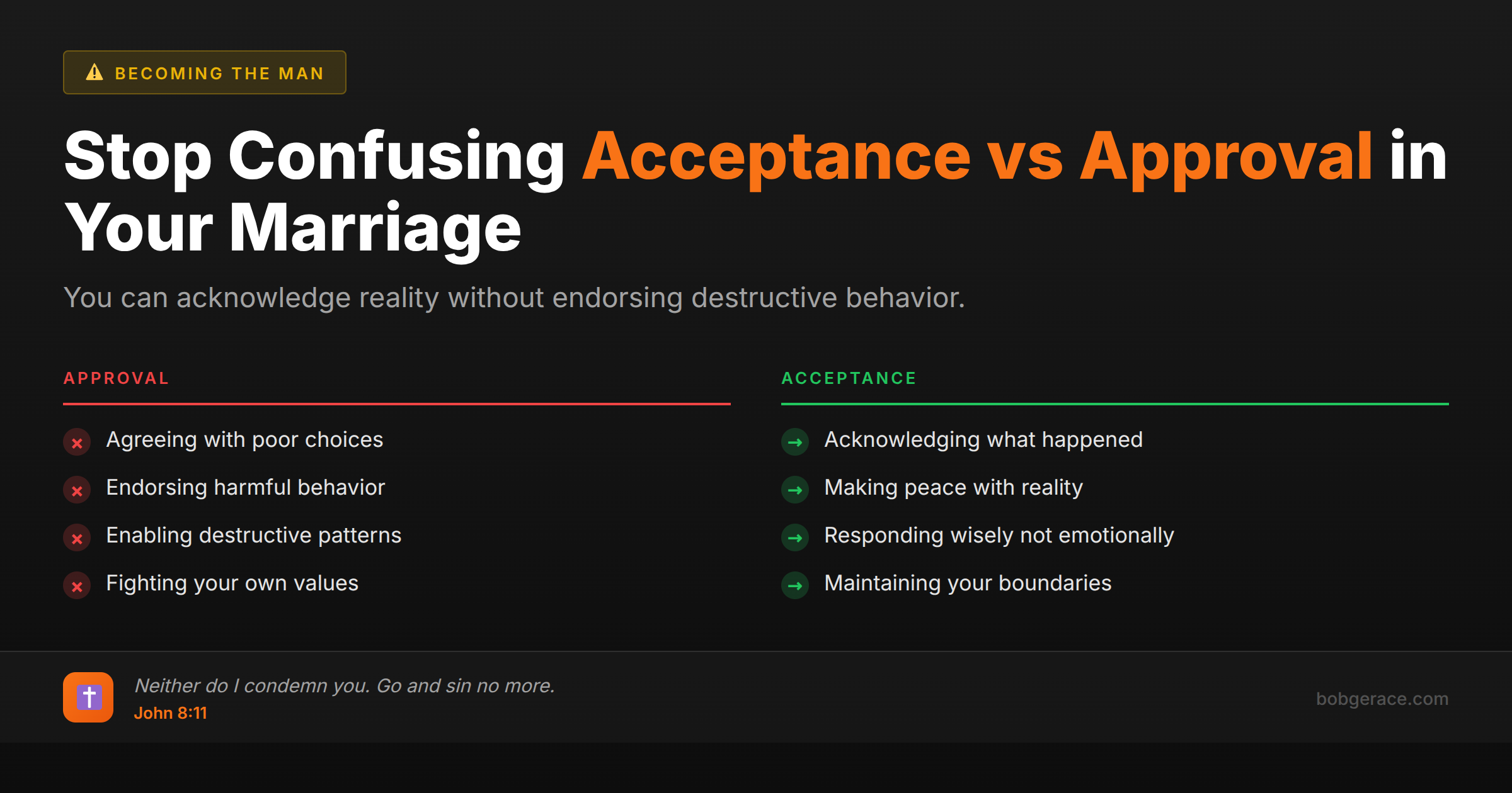 Marriage coaching infographic comparing acceptance versus approval, showing the difference between acknowledging reality and endorsing behavior