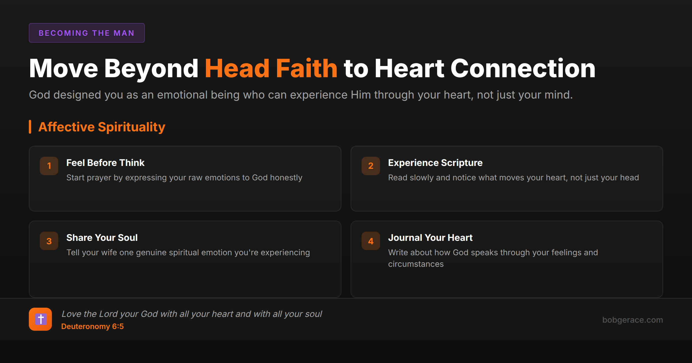 Affective spirituality framework showing how men can move from head-based faith to heart connection with God through emotional integration
