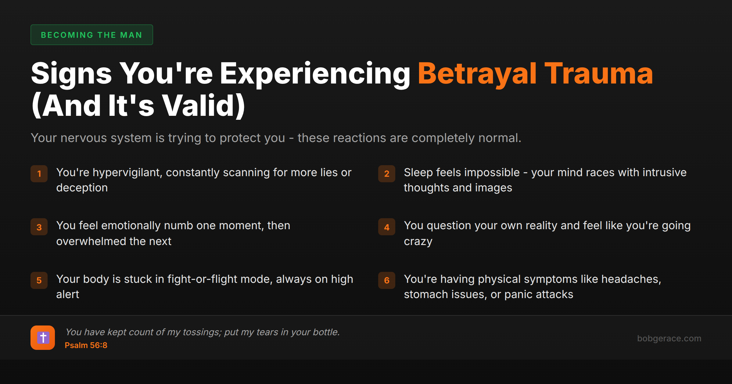 Checklist of betrayal trauma symptoms with Bible verse about God caring for our pain and tears