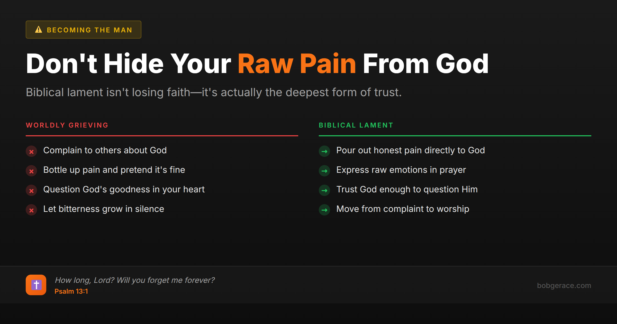 Comparison chart showing the difference between worldly grieving and biblical lament for Christian men facing marriage struggles