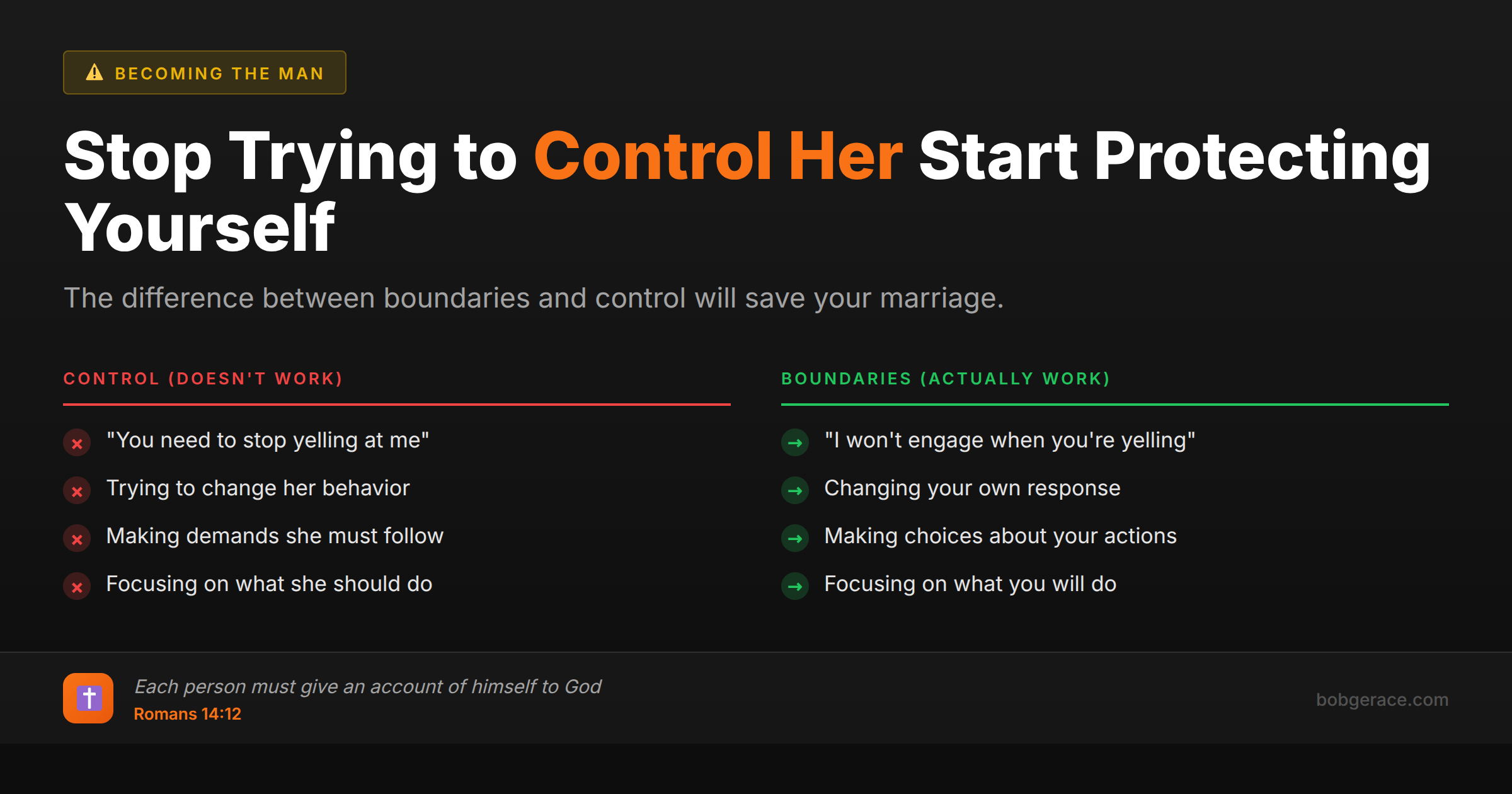 Marriage coaching infographic comparing controlling behavior versus healthy boundaries, showing the difference between trying to change your spouse versus protecting yourself