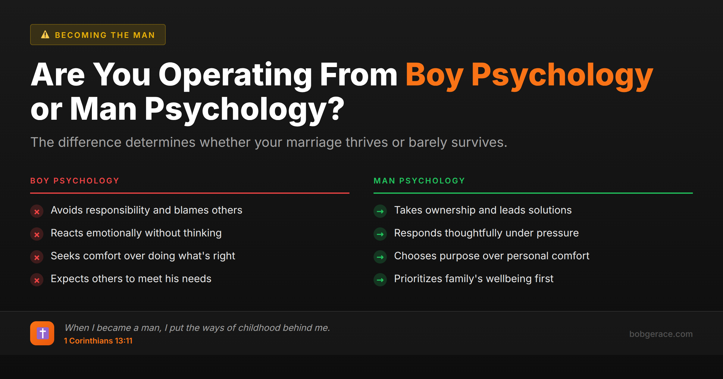 Comparison chart showing the differences between boy psychology and man psychology in marriage, with biblical foundation from 1 Corinthians 13:11